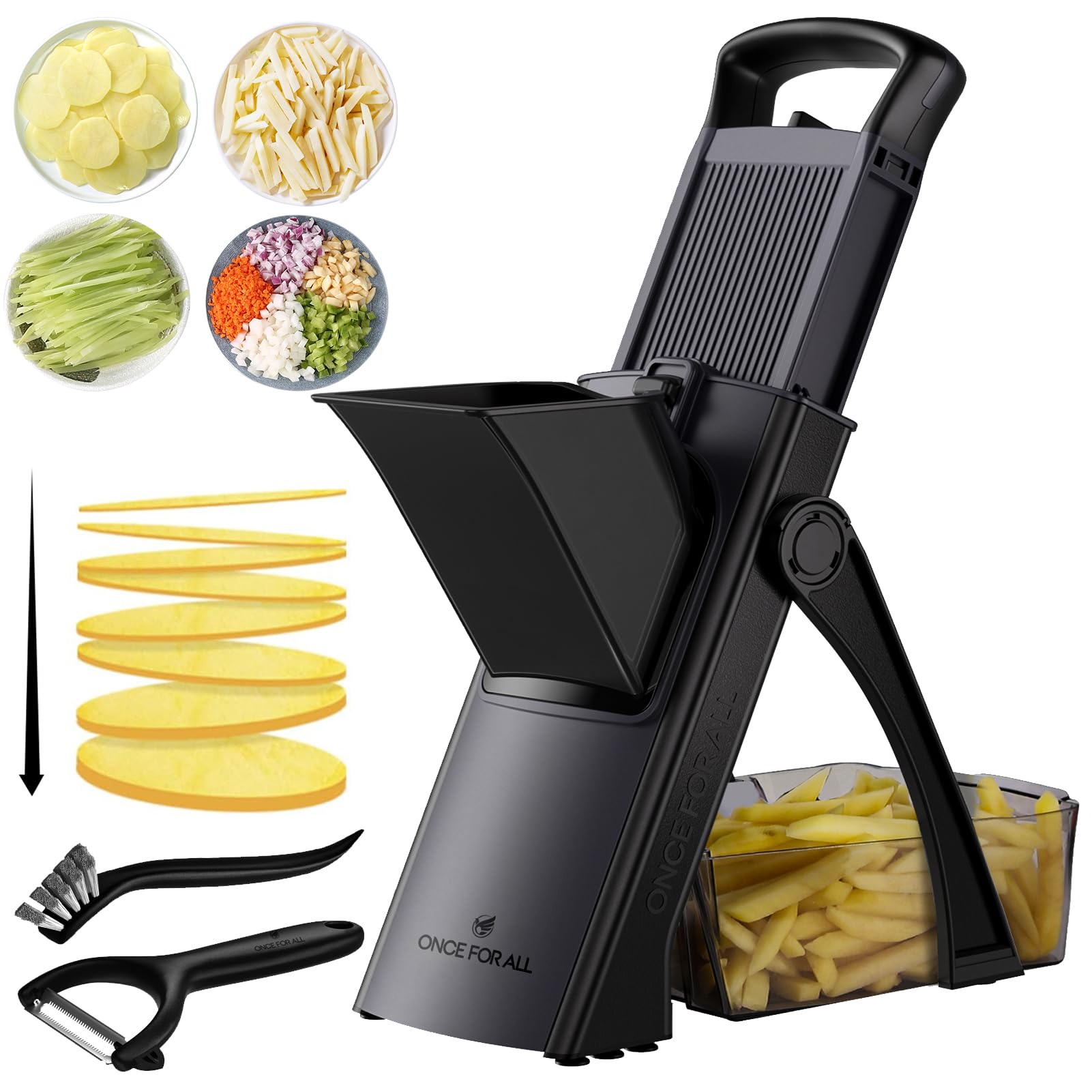 ONCE FOR ALLSafe Mandoline Slicer For Kitchen, Biger Size, Adjustable Vegetable Chopper Food Slicer Potato French Fry Cutter with Peeler, Detachable, Kitchen Chopping Artifact (Black)