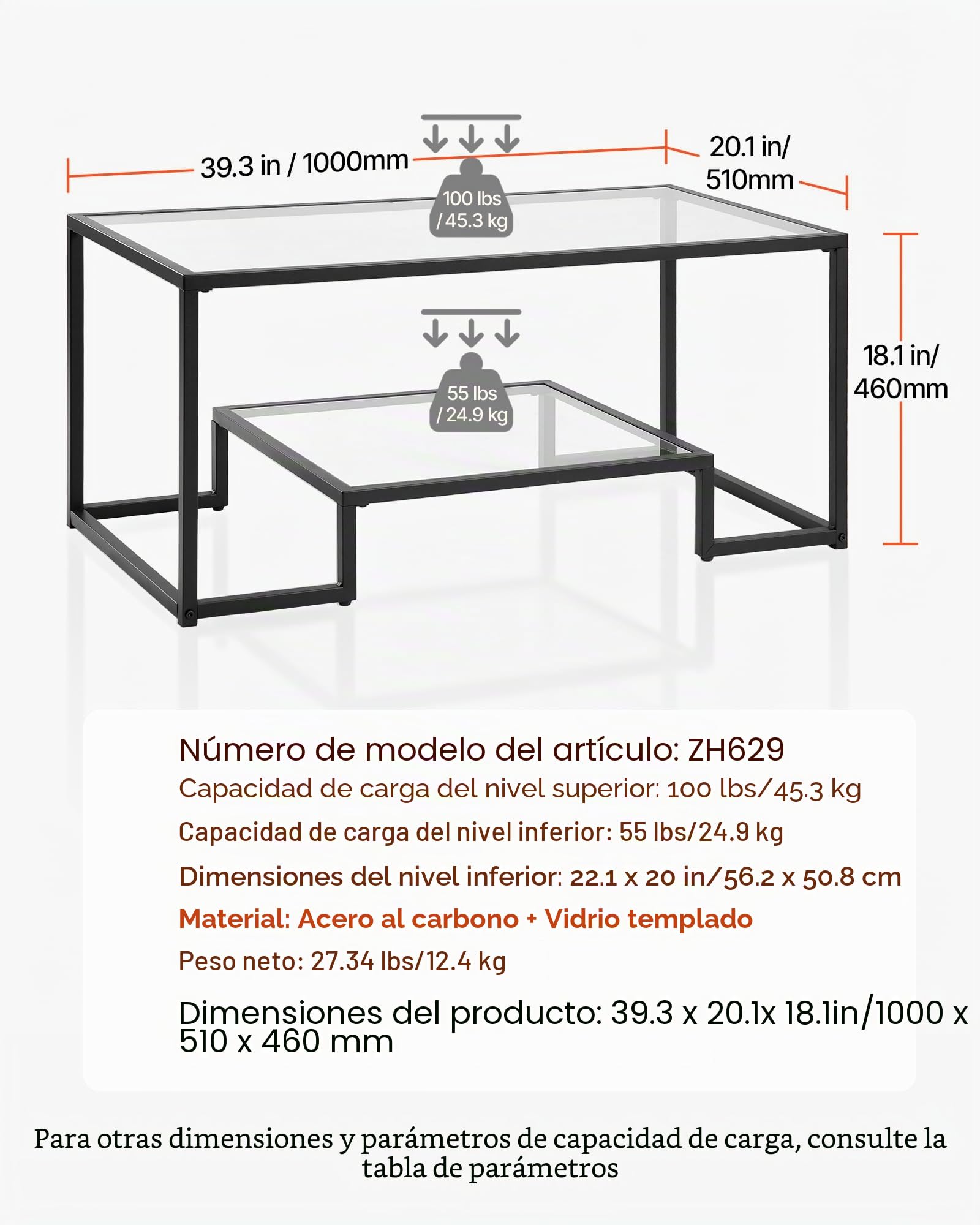VEVOR Mesa Auxiliar de Cristal Templado, Rectangular, con Dos Niveles y Espacio de Almacenamiento Abierto, Diseño Moderno con Estructura Metálica, para Salón u Oficina, 100 x 51 x 46 cm, Negro