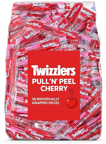 Pullin Peel Cherry Regaliz Candy - Paquete de 36 bocadillos envueltos individualmente, caramelo rojo masticable suave, bolsa de 1 libra