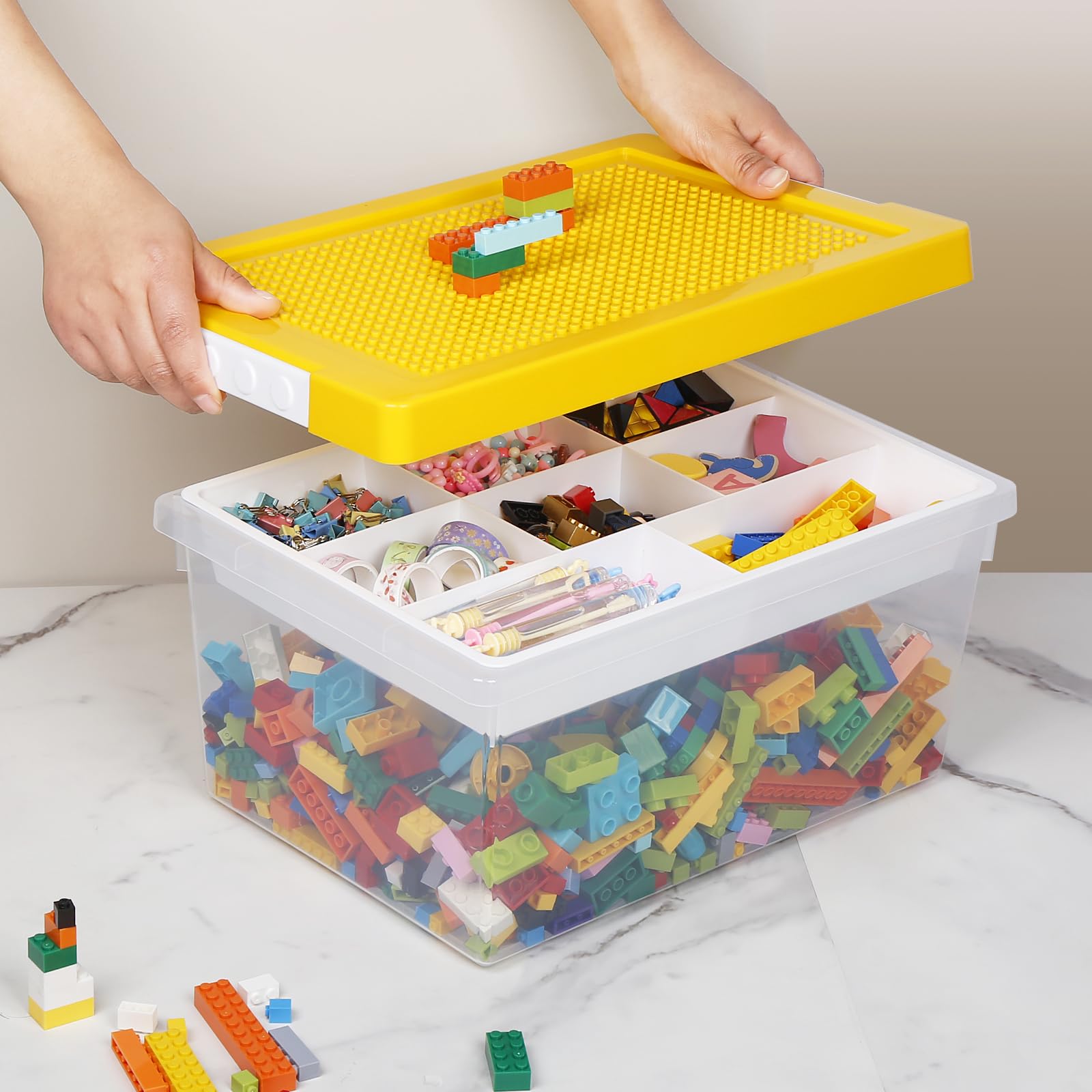 Greentainer Aufbewahrungsbox Spielzeug mit Deckel & AbnehmbaresTablett,3er Spielzeug Box aus PP,Aufbewahrungskorb Kinder,Spielzeugkiste für Kinderzimmer Aufbewahrungsbehälter für Blöcke(Gelb)