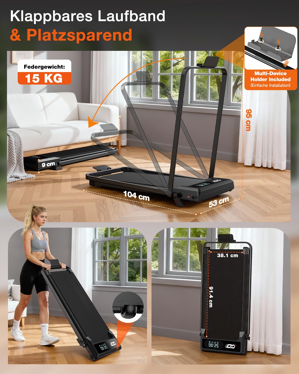 Laufband Klappbar 4-in-1 mit 9% Steigung, Elektrisches Laufband bis 10 km/h, Walking Pad Leise, 3,0-PS bürstenloser Motor, 140 kg, Stoßdämpfung, LED-Anzeige, kompakt, für Zuhause und Büro