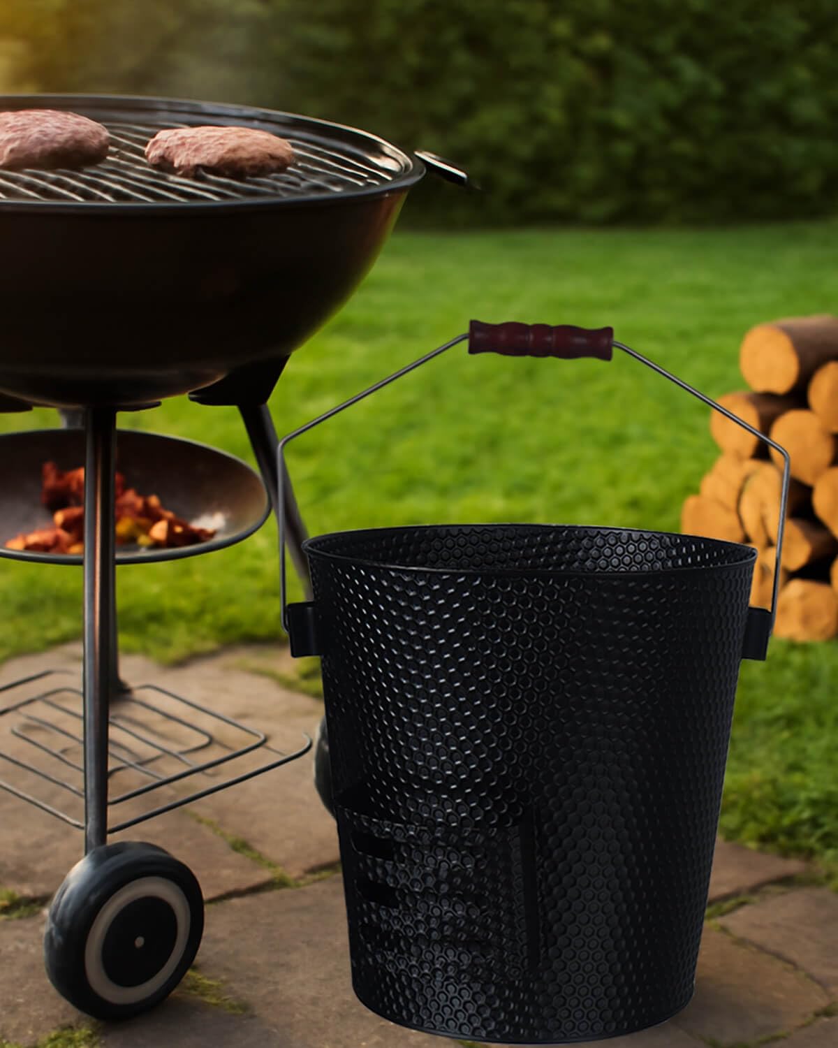 Cubo de ceniza de 5 galones con tapa, pala, escoba y guantes, hierro galvanizado resistente, resistente al fuego, acabado negro, perfecto para chimeneas, fogatas, estufas de leña y parrillas