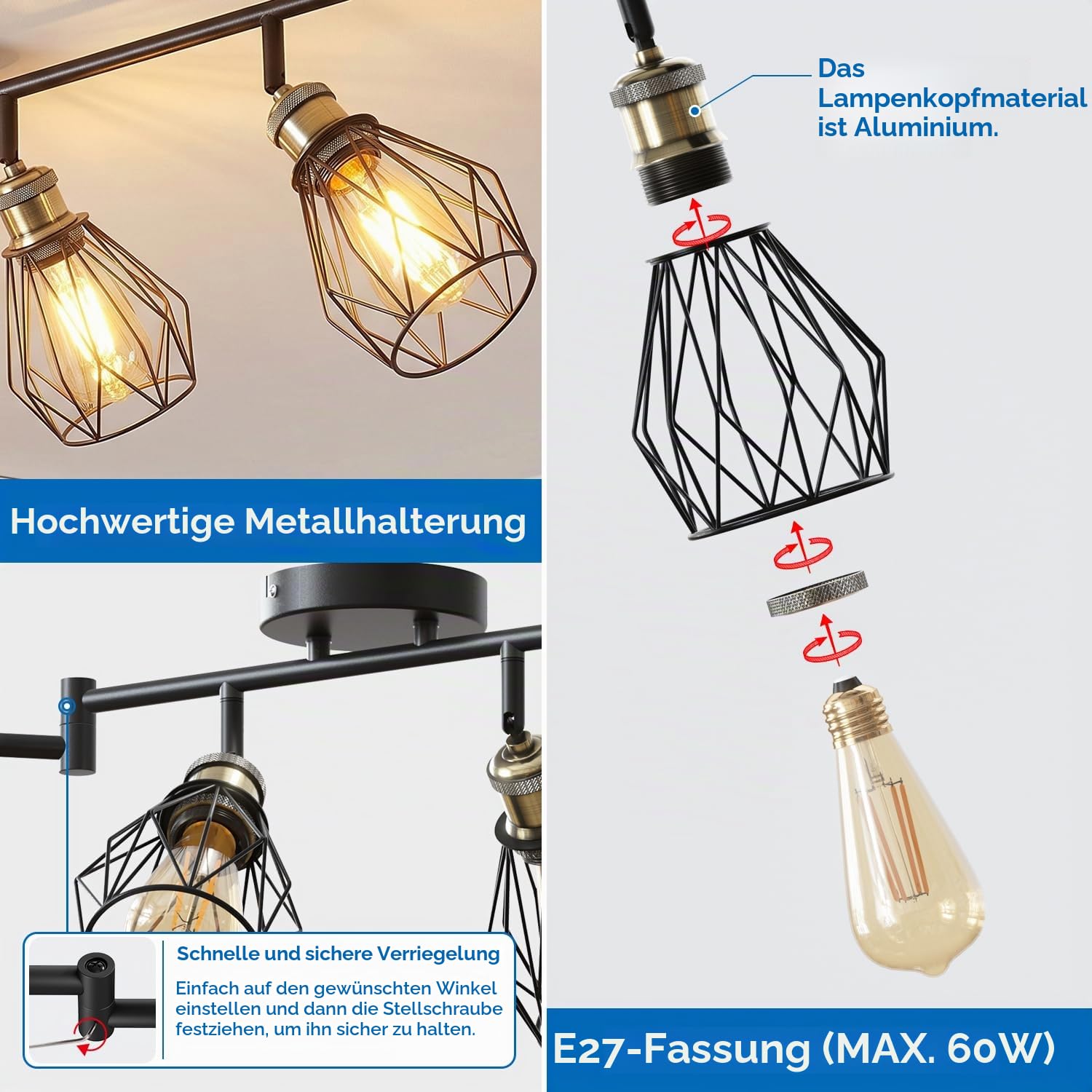 ANWIO LED Deckenstrahler Schwenkbar 350°, Deckenleuchte E27 6 Flammig Deckenlampe Strahler Spots LED Schwarz - Küchenlampe Wohnzimmerlampe Deckenspot Schlafzimmer (Ohne Leuchtmittel)