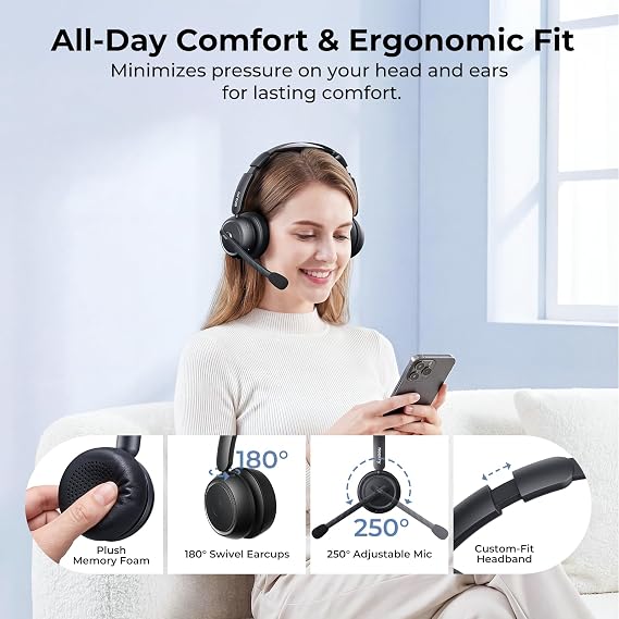 NUROUM HP31D(3rd Gen) Wireless Headset with Microphone, V5.4 Bluetooth Headset with Noise Cancelling Mics, Charging Base, Mute Button, USB Dongle for PC/Laptop/Phone for Zoom/Teams Calls/Skype/Office
