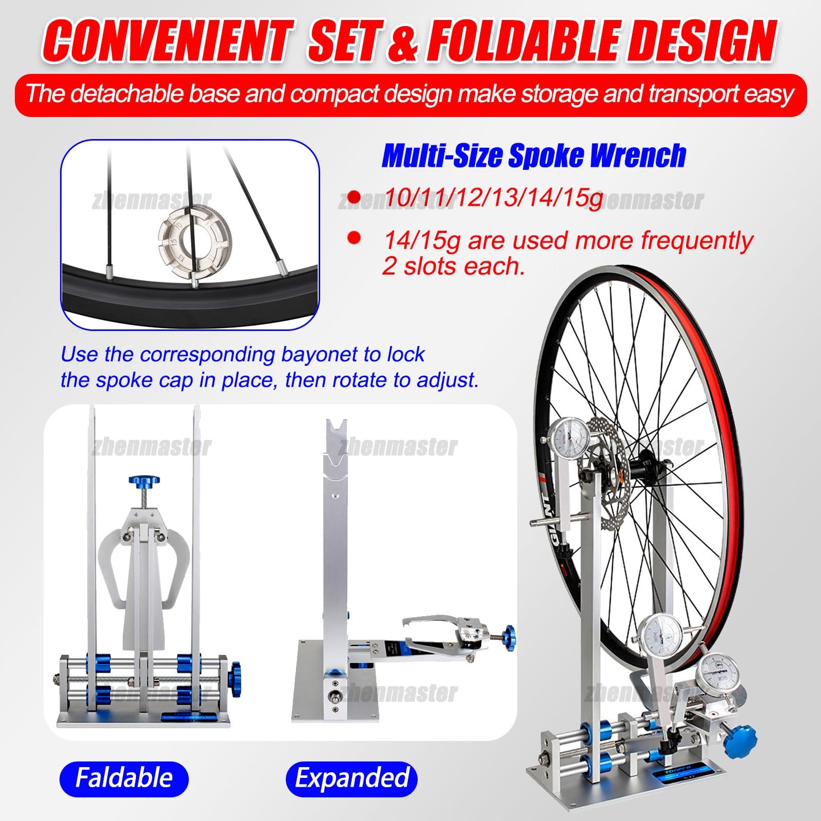 Soporte Profesional para Centrar Ruedas de Bicicleta, Herramienta de Alineación de Llanta de Aleación de Aluminio con 3 Medidores, Llave de Radios para Ruedas de 16 a 29 Pulgadas(Gold)