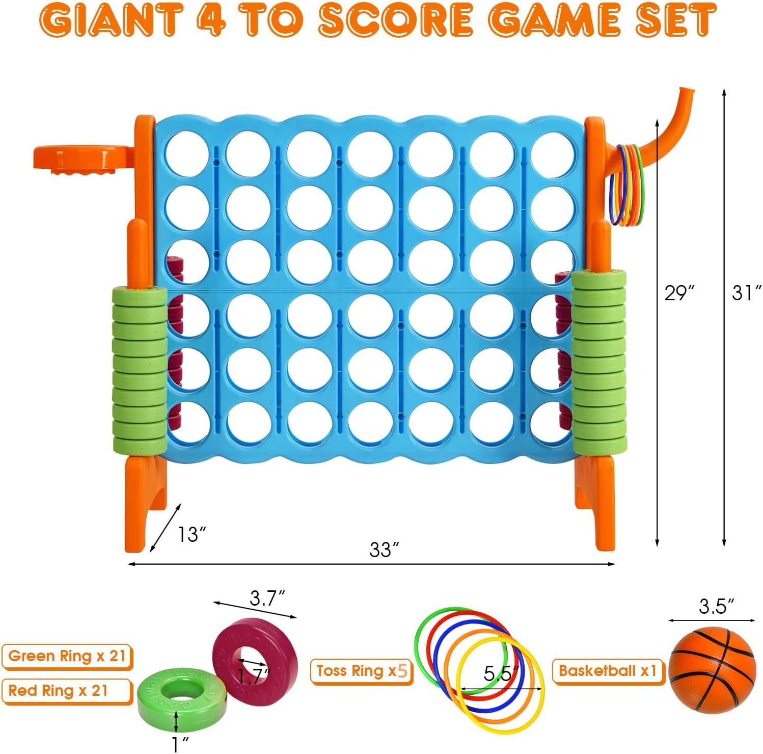 KOTEK Giant Jumbo 4-in-a-Row Family Game w/Quick-Release Sliders, 42 Rings & Basketball Hoop, Connect Yard Game Outdoor for Kids & Adults (Without Carrying Bag, Orange)