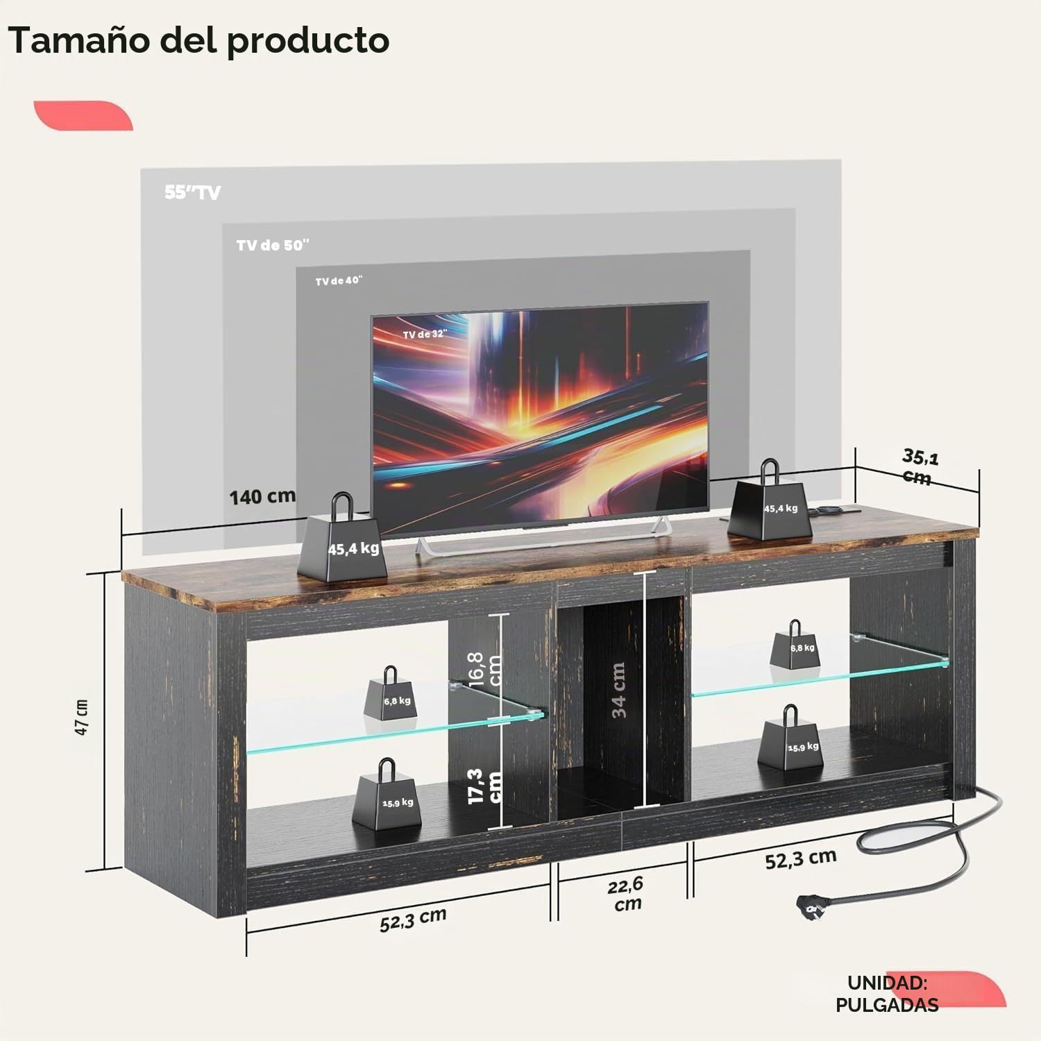 Bestier Moderno Mueble para TV de 140 cm, para TV con Estante de Cristal, Iluminación LED RGB para Televisores de 65 Pulgadas, para TV con Luces Ambientales para Sala de Estar y Dormitorio