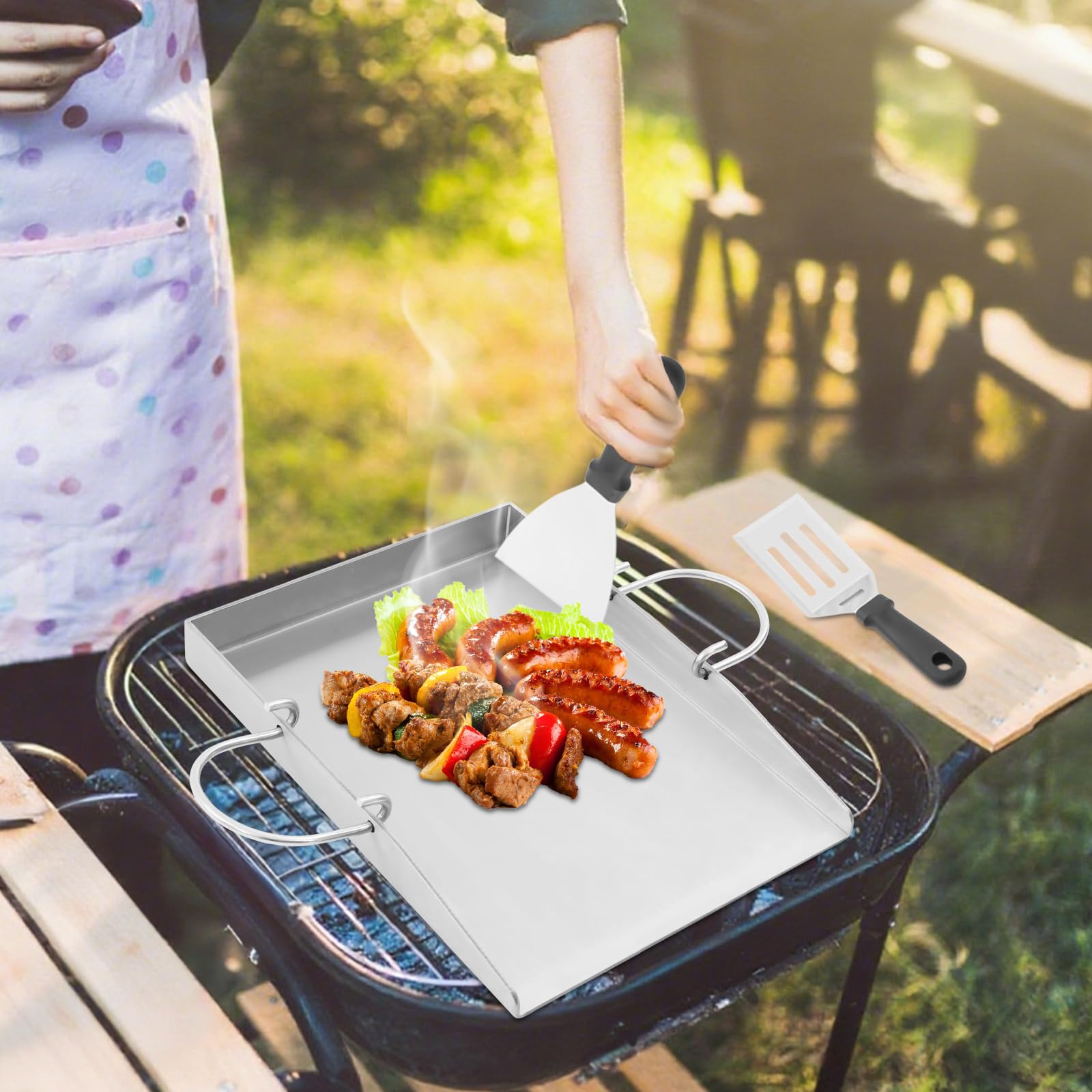 Piastra per barbecue con spatola per barbecue, set con manici rimovibili, 30 x 40 cm, universale, per barbecue Plancha, in acciaio inox, per barbecue a gas e griglia a carbone, massiccia da 4 mm