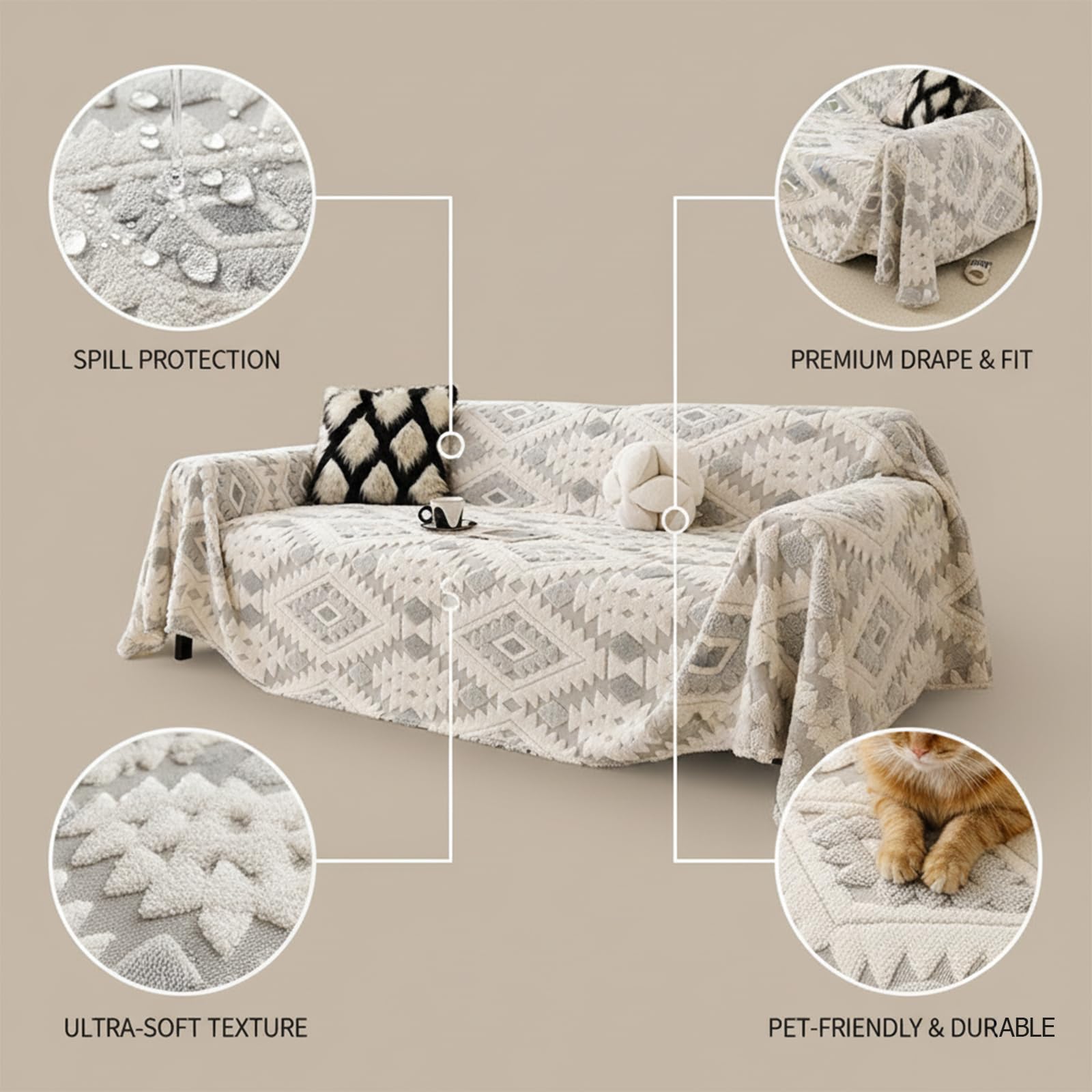 Lar Funda de sofá de felpilla, resistente a los arañazos para gatos, manta de invierno suave y cálida, manta de sofá ométrica para sala de estar y cama (gris, 180 x 340 cm)