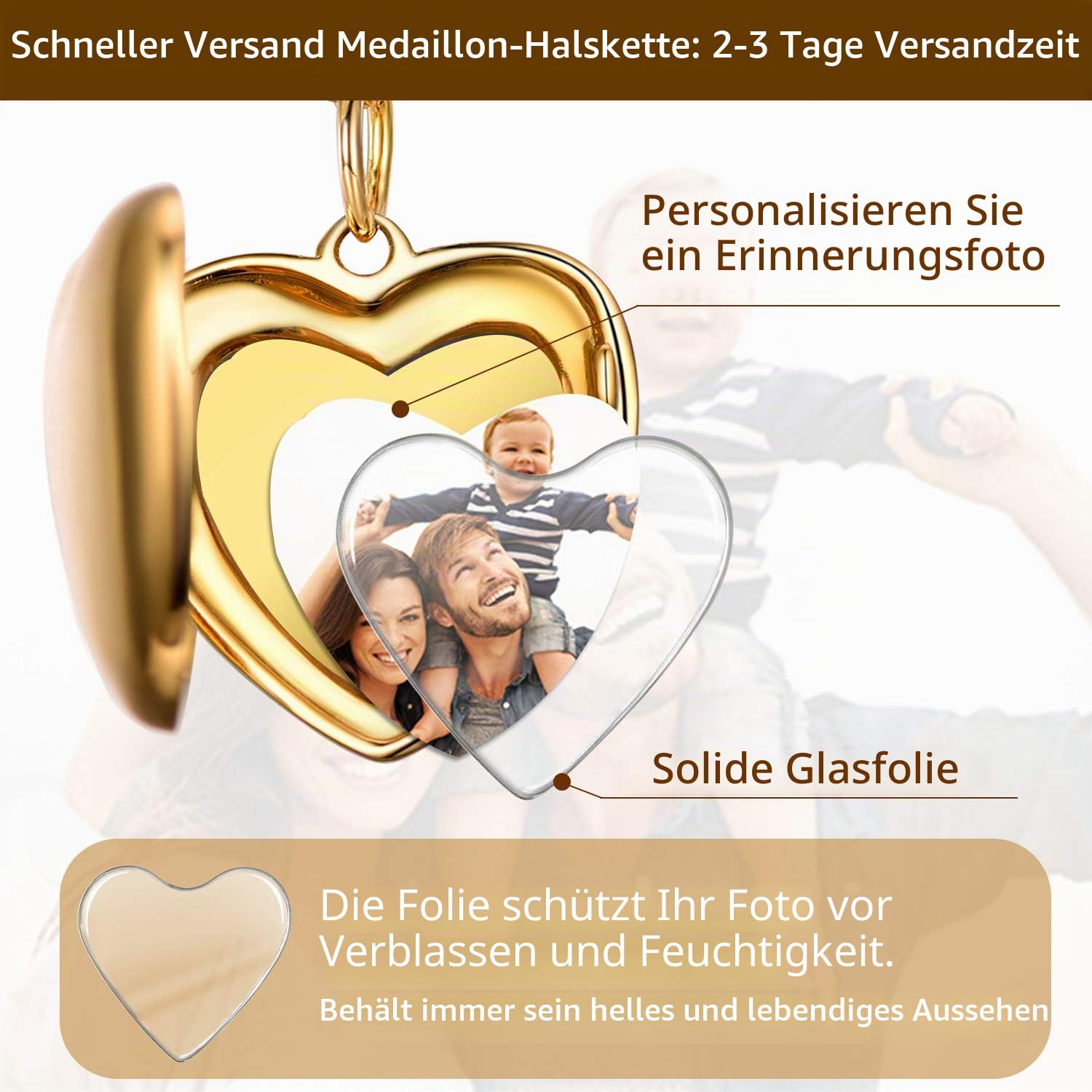 SILVERCUTE Damen Collier 925 Sterling Silber/18k vergoldet Foto Gravur Kette personalisiert Herz/Runde/Oval Medaillon Anhänger mit 1,5mm 45cm Rolokette einzigartiges Schmuck Geschenk für Mädchen