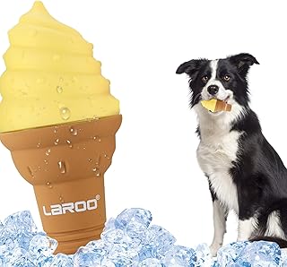 LaRoo Dogs Toys for Summer Cooling, Frozen Dog Toys, Full with Water Frozen, Prevention of Heat Stroke Upgraded Teething Chew Toy (Dog Ice Cream Shape-Yellow).