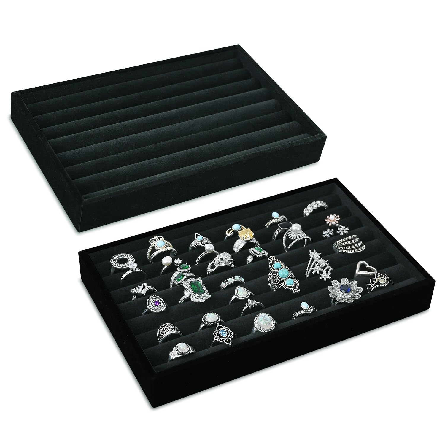 MOOCA 2 Pcs Set Ring Tray Display, Ring Showcase Display Jewelry Organizer Stand, Jewelry Holder for Showcase for Home Trade Show, Black Velvet