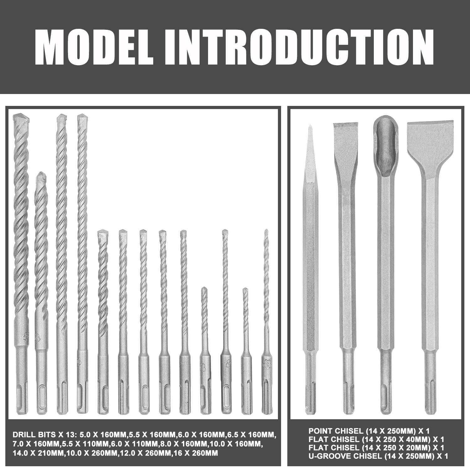 TOPEX Juego de 17 brocas SDS Plus para martillo rotativo y brocas de cincel para perforar ladrillos, hormigón, pared, piedra