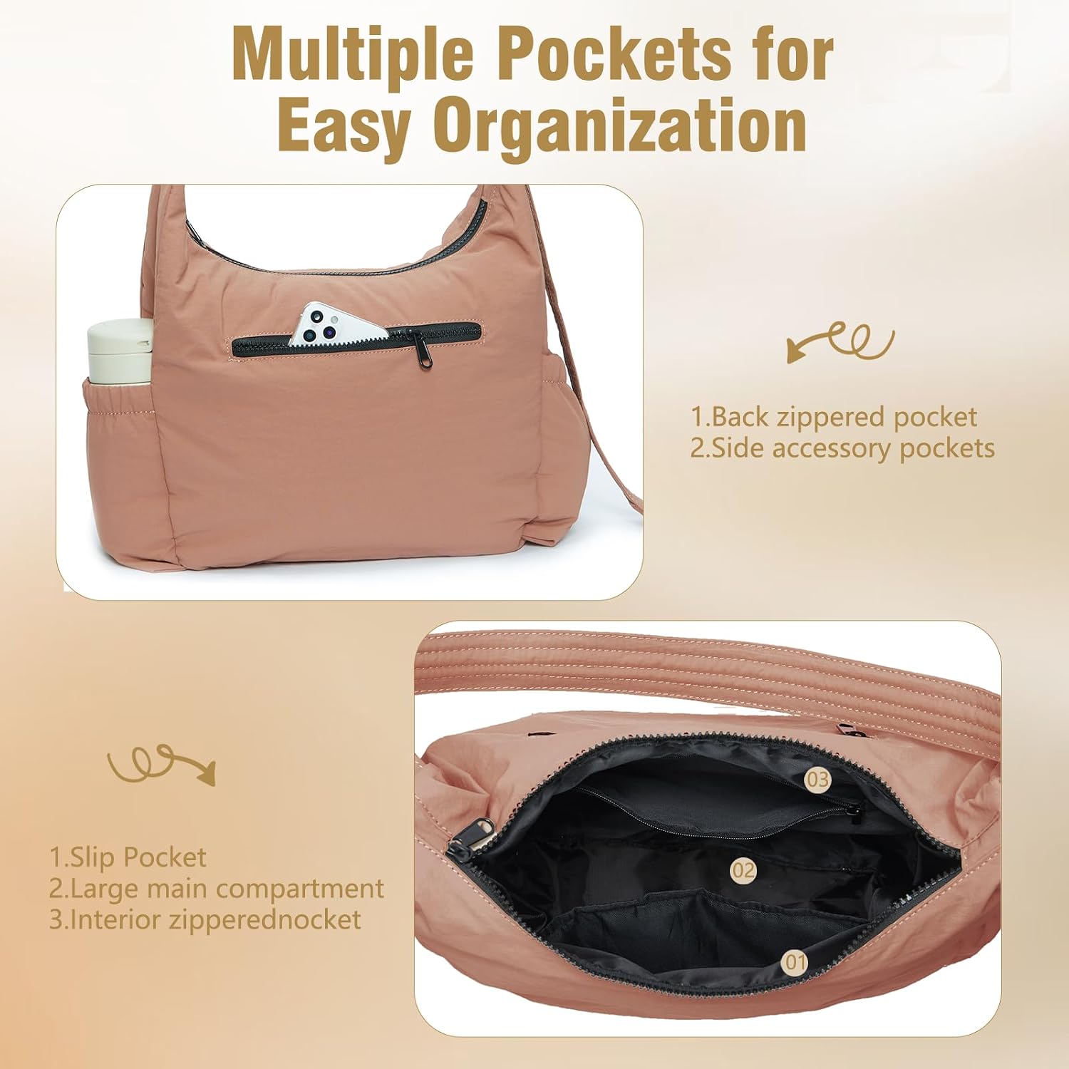 Nylon Hobo Crossbody Bags Lightweight Shoulder Bag Large Casual Travel Handbags with Adjustable Quilted Strap