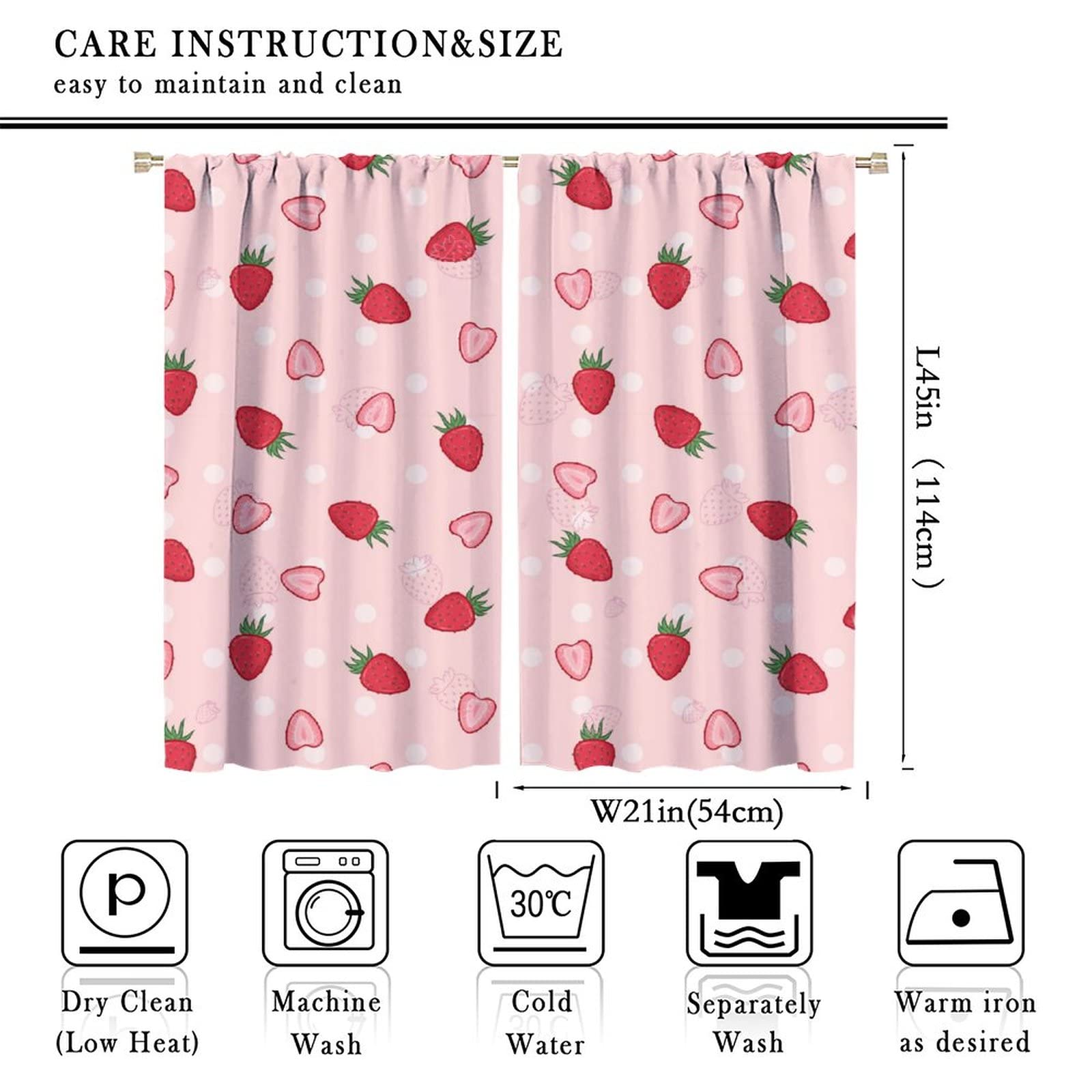 INSFBRB Pink Red Strawberry Rod Pocket Blackout Curtains for Living Room,Insulated Girls Cartoon Cute Fruit Strawberry Print Bedroom Curtains,2 Panels 45L x 21W