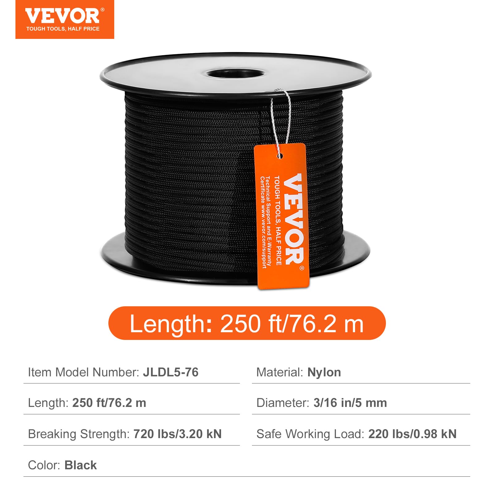 VEVOR Corde en Nylon tressé 5 mm x 76,2 m résistance 3,20 KN randonnée Camping balançoire