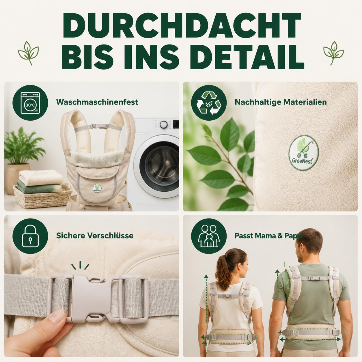 ÖKO Babytrage mit Hüftsitz 3 in 1 aus recycelten Materialien Bauchtrage, Hüfttrage & Rückentrage - atmungsaktiv mit Kapuze, Stauraum, Flaschenhalter für 6-36 Monate bis 3-29 kg