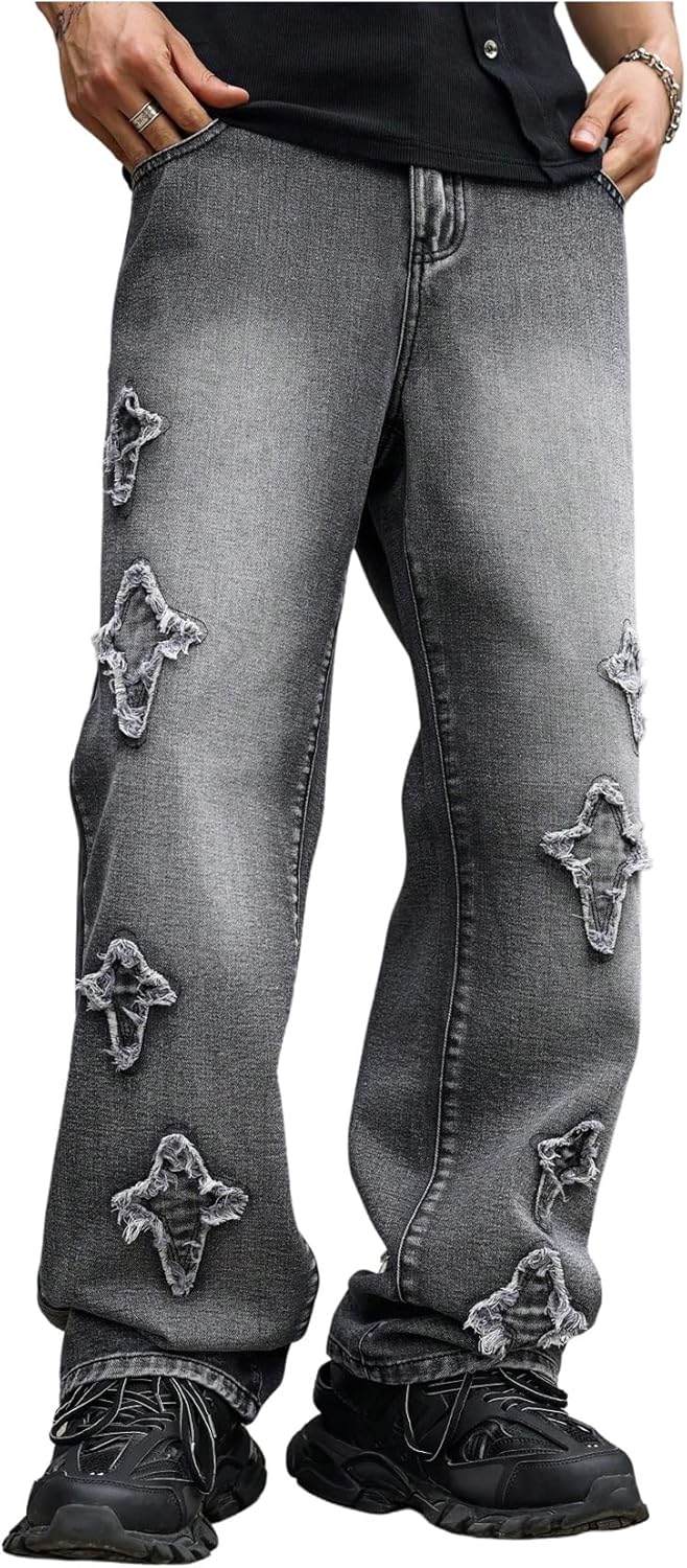 Men's Y2k Baggy Jeans Low Rise Patch Wide Leg Hip Hop Streetwear Grunk Punk Embroidery Sweatpant Jeans