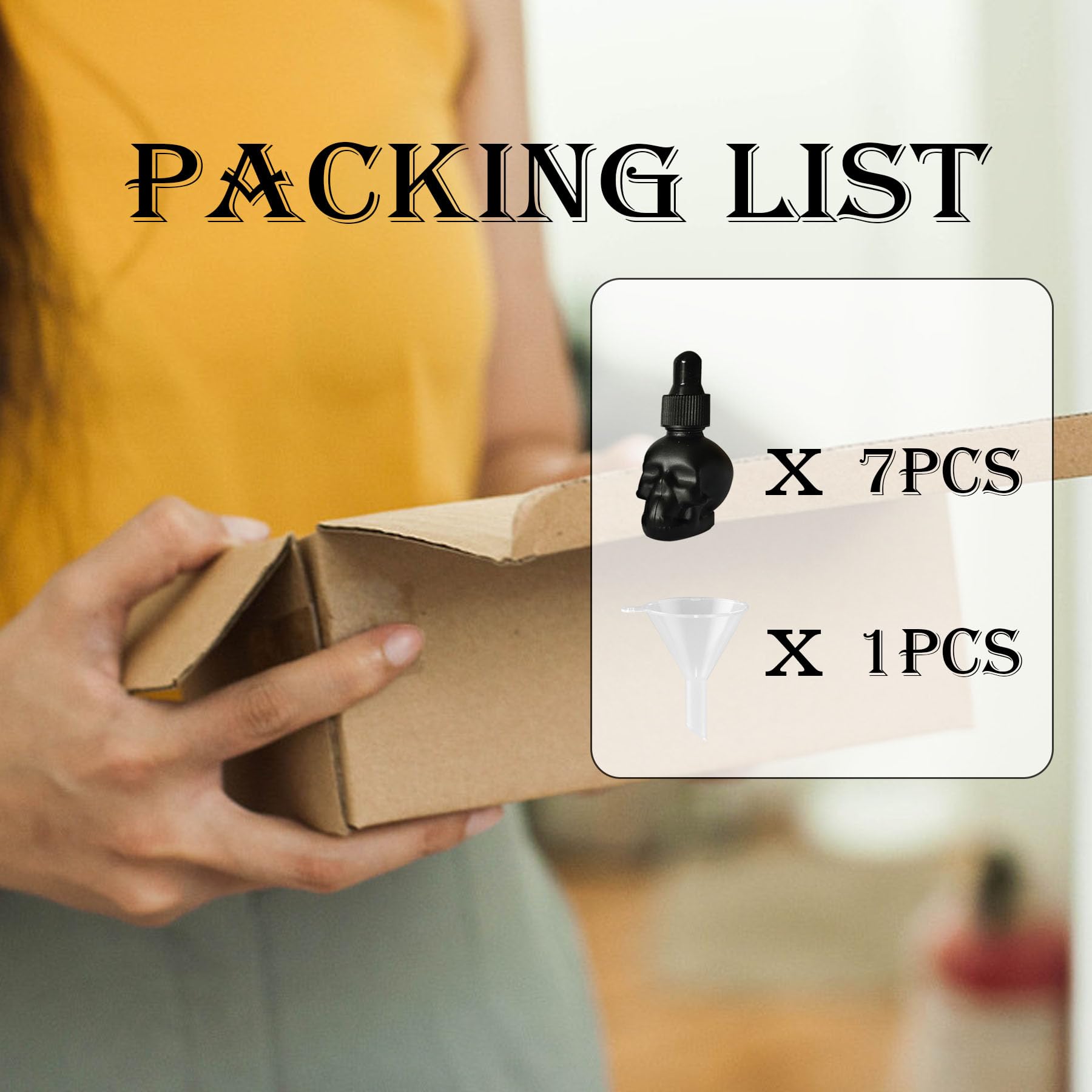 Juego de 7 botellas cuentagotas de cristal de calavera de 10 ml, a prueba de fugas, para almacenamiento y viajes (7 botellas de calavera negra)