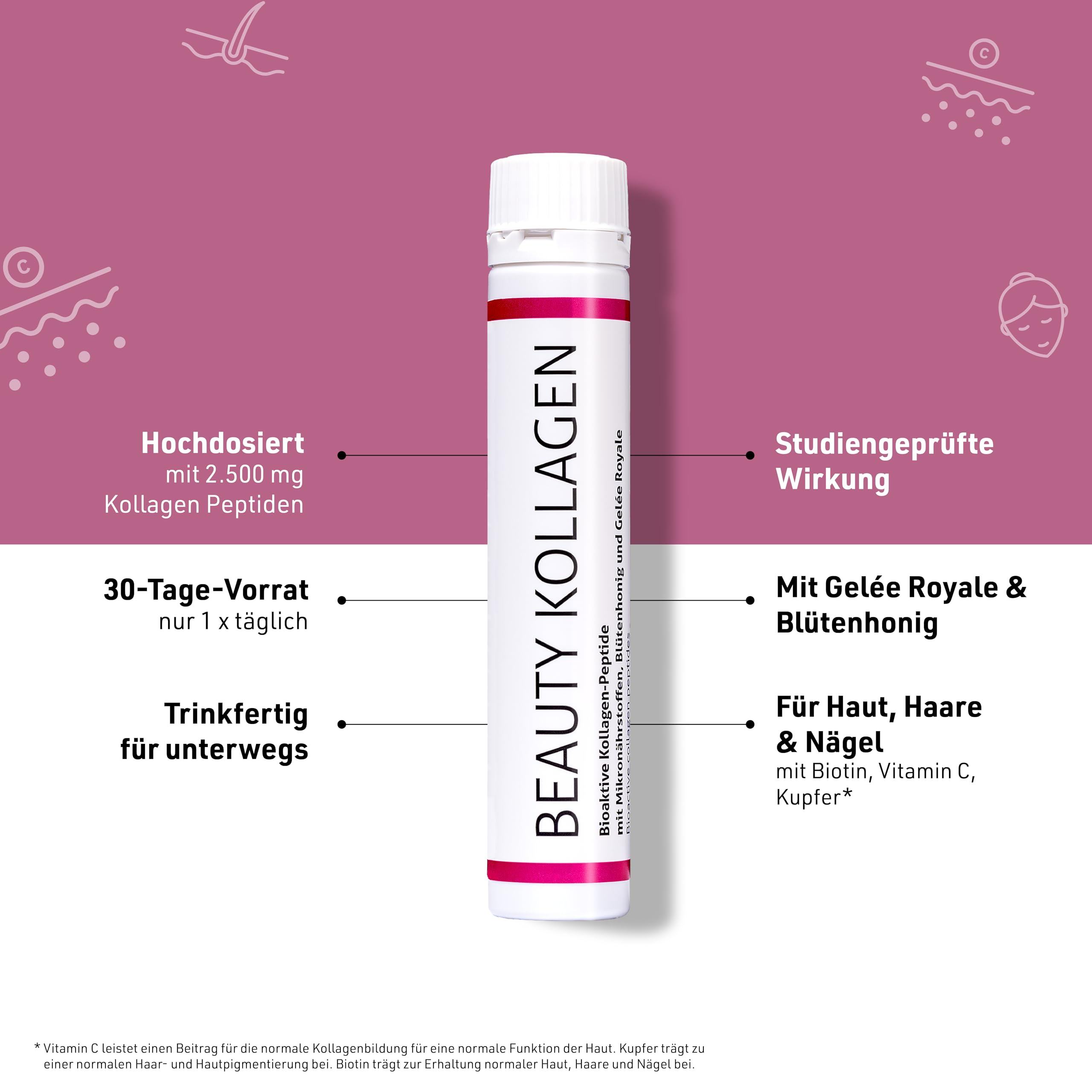 Sanhelios Beauty Kollagen HAUT-ELIXIER – Anti Aging zum Trinken* | 2500 mg Premium-Kollagen-Peptide + Biotin, Kupfer & Vitamin C, Blütenhonig & Gelée Royale | 30 Trinkampullen, Made in Germany