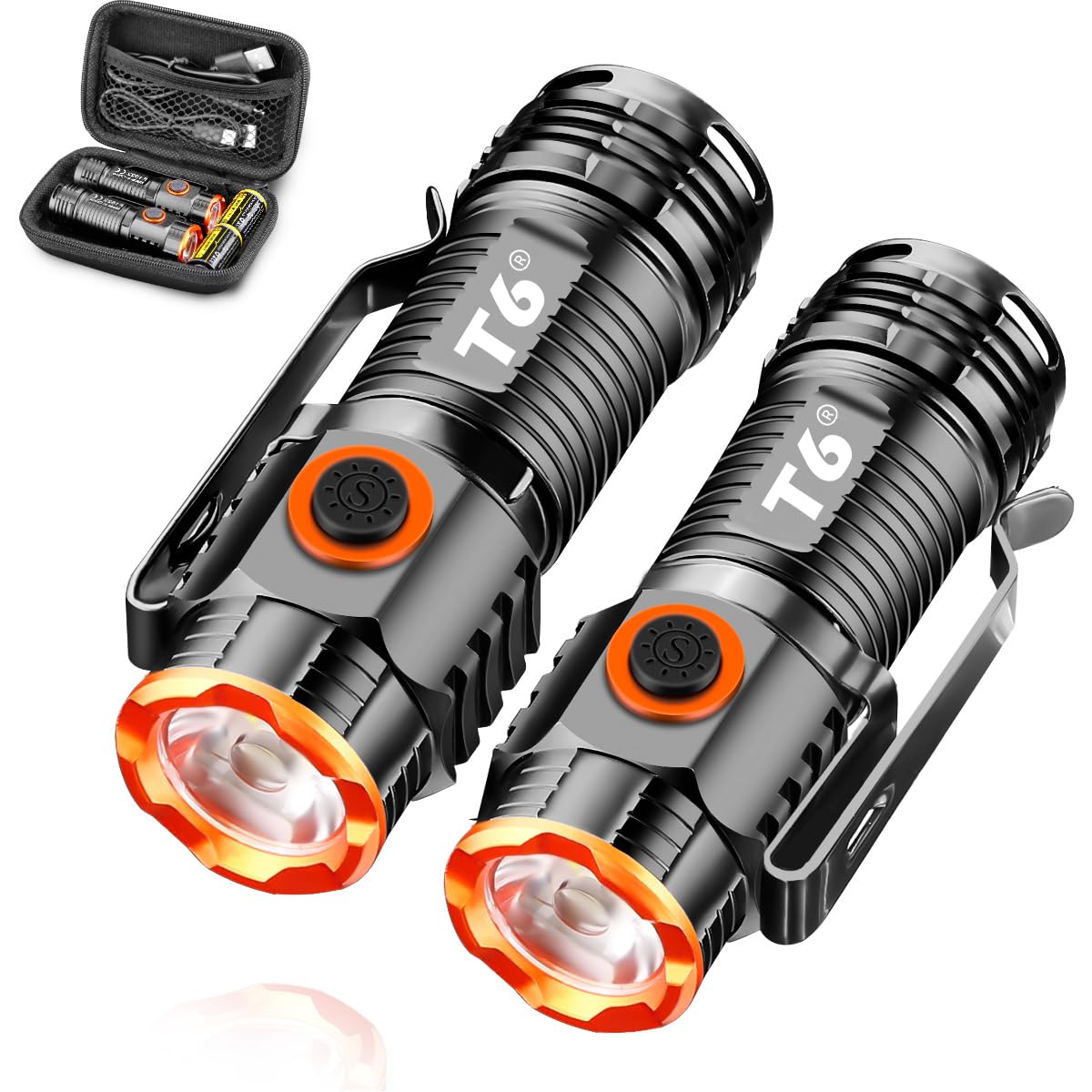 T61000 Lumen Pocket Flashlight - 2 Pack EDC Torch Rechargeable 3 Modes Mini Torch for Camping Hiking Outdoor Emergency Waterproof Super Bright Small Flashlight with Tail Magnet Magnetic Clip