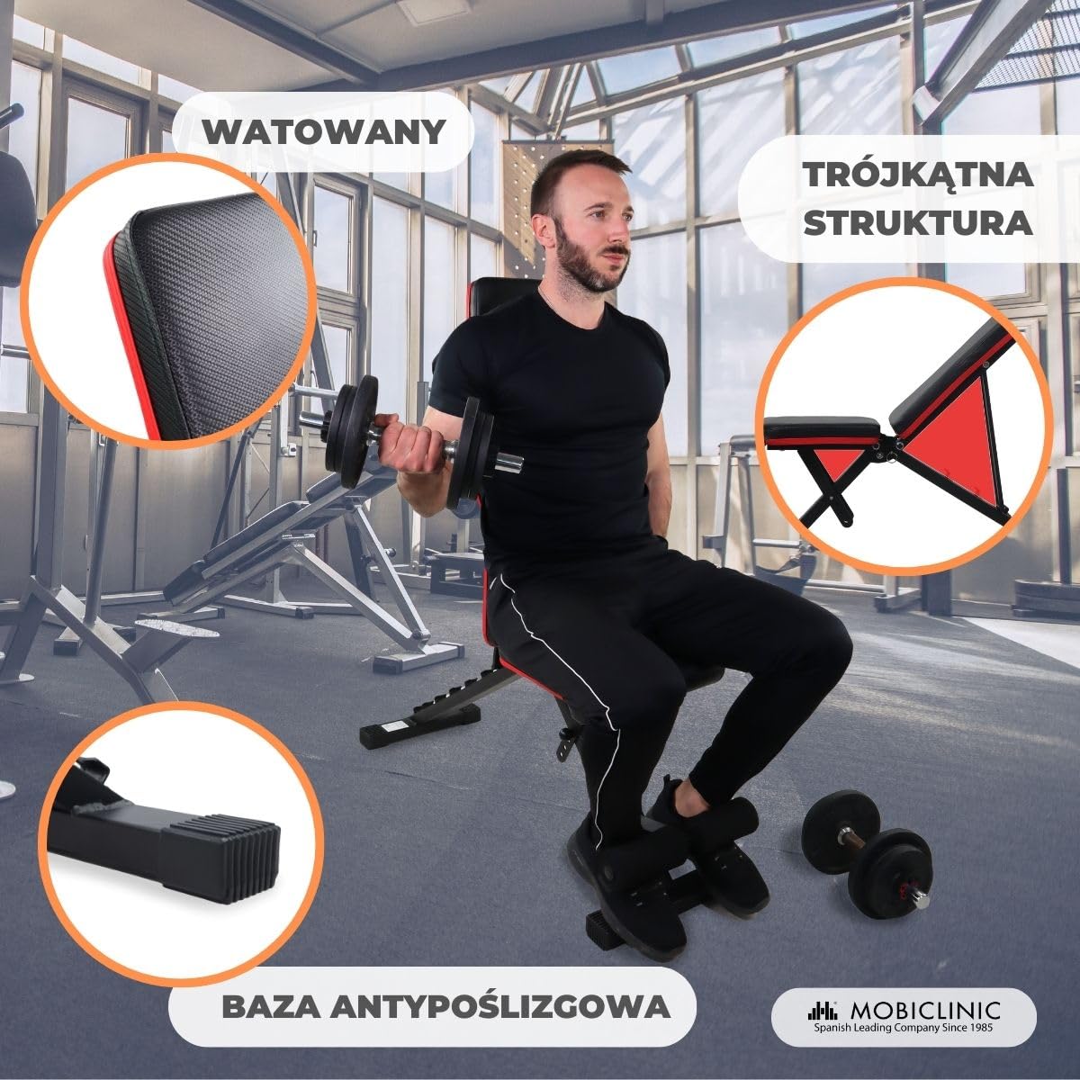 Mobiclinic® fitness, Ławka treningowa, Składana, Udźwig 200 kg, Regulowane siedzisko i oparcie, Flexfit, Wielofunkcyjna, Trening całego ciał, Mocna stabilna, Domowa łownia