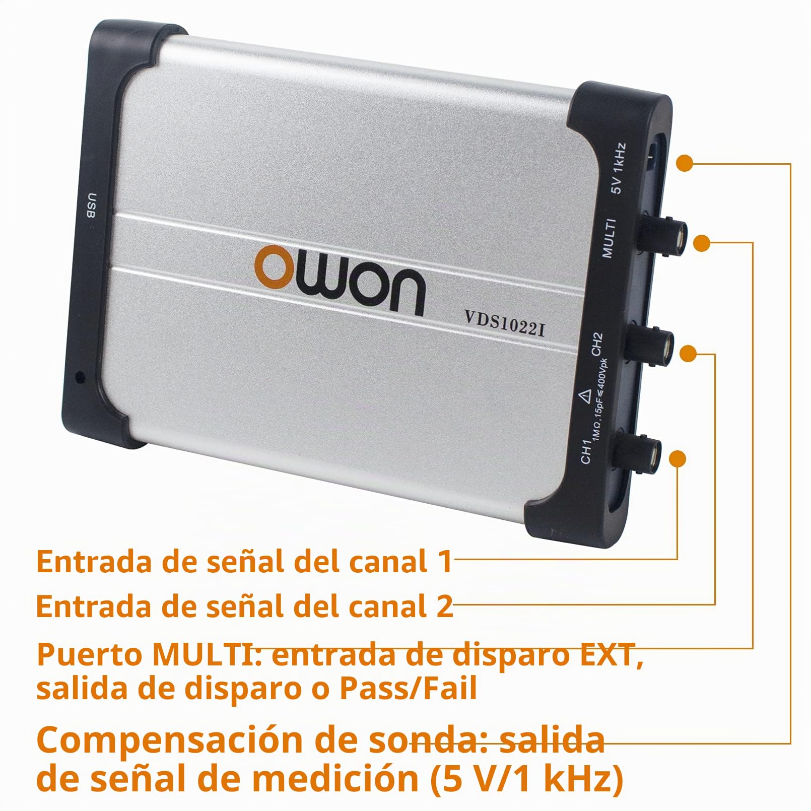 OWON VDS1022i Oscilloscopio USB basato su PC, 2+1 (multi) canali portatile, larghezza di banda 25 MHz con isolamento del canale