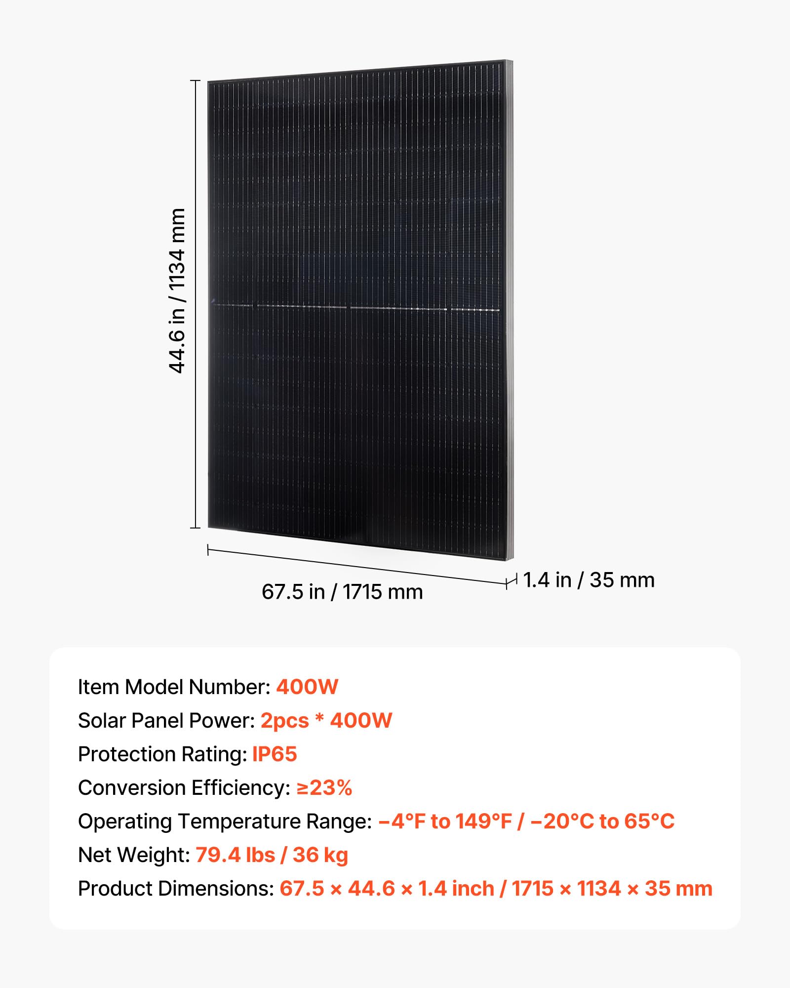 VEVOR Modulo Solare Monocristallino 2 Pezzi da 400 W ad Alta Efficienza con Uscita MC4 Stabile e Telaio in Alluminio, Impermeabile IP65 per Applicazioni su Tetti Piani per Auto, Barche, Camper
