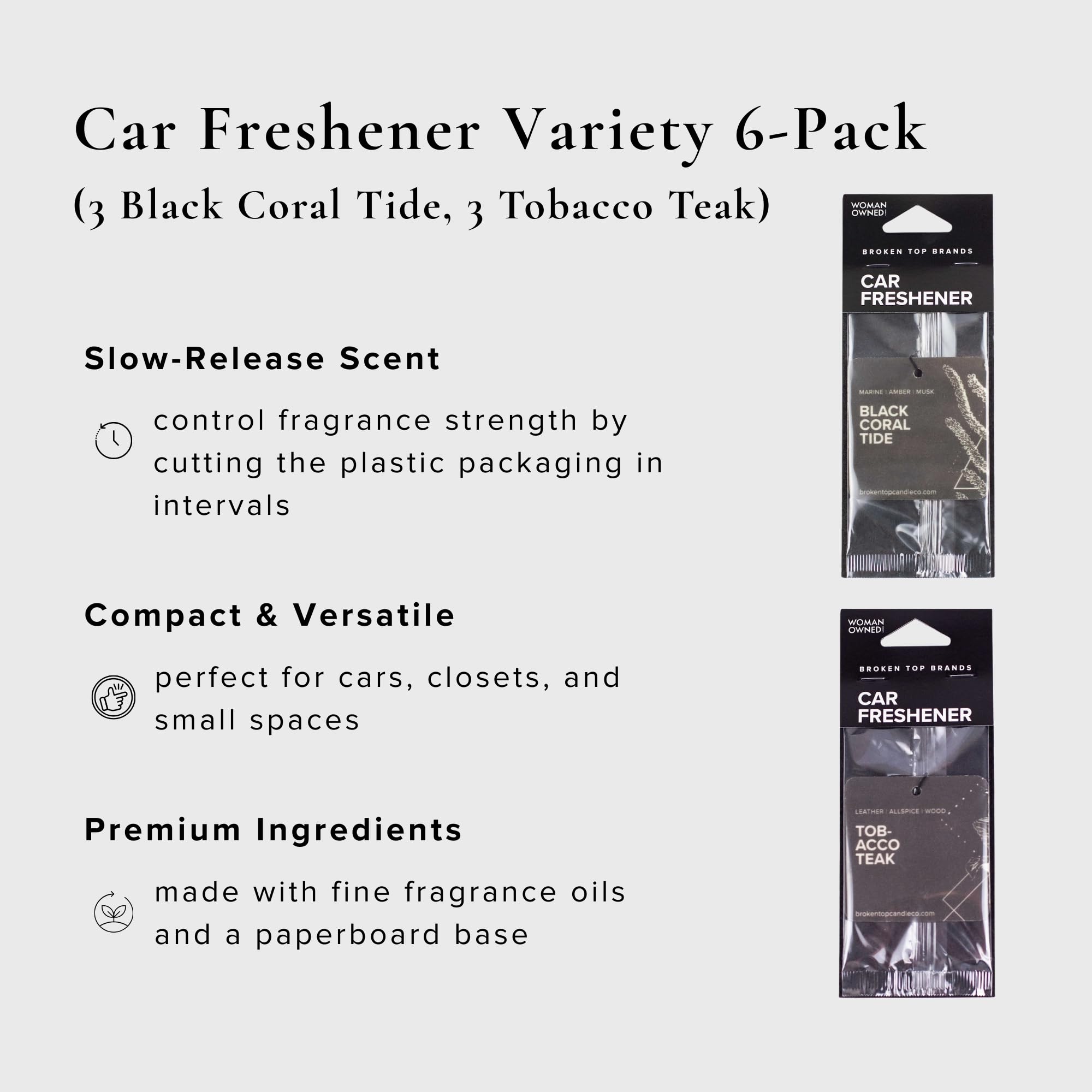 Geotanical - Ambientadores para coche, paquete variado de 6 (3 Black Coral Tide, 3 Tabaco Teca)