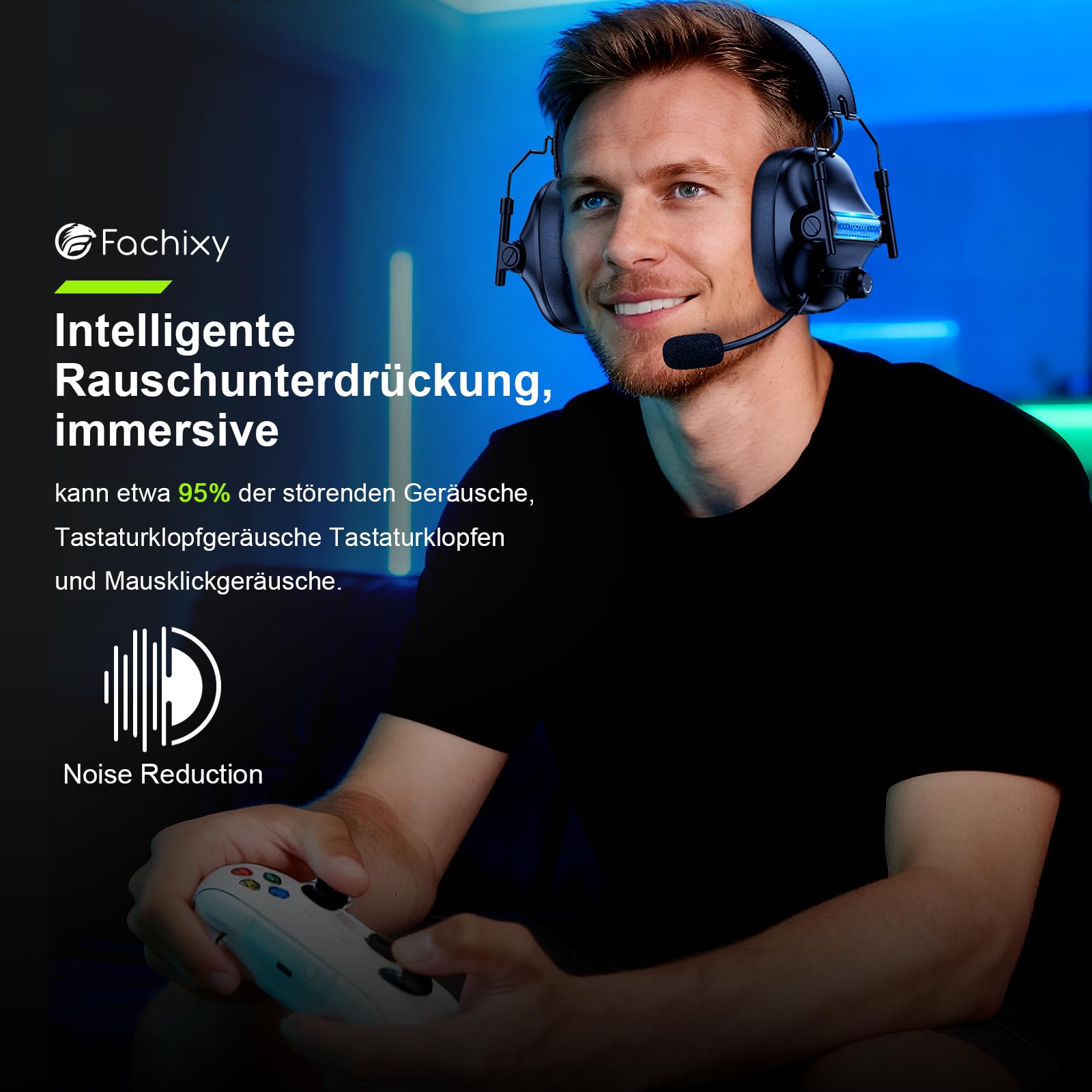Fachixy Gaming Headset Wireless Für Xbox Series X|S|One, PC, PS5, PS4, Switch, 2.4GHz & Bluetooth 5.4 Headset Kabellos mit Mikrofon, Geringe Latenz Noise Cancelling, Faltbar, 50H Akkulaufzeit