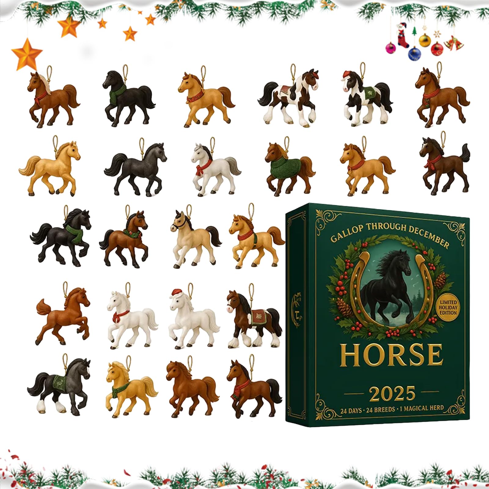 Horse Advents Calendars 2025 | 24 Pieces Distinctive Acrylic 2d Horse Pendant | 24 Days Christmas Holiday Countdown | Christmas Decorations for Thanksgiving, Birthday, Horses Lovers Gift