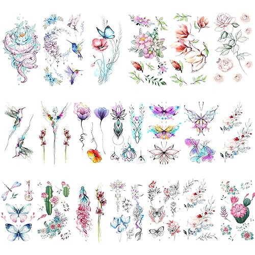 Glaryyears Tatuajes temporales de flores para mujeres y niñas, paquete variado de 30 tatuajes falsos florales, tatuajes sexys y realistas de flores,
