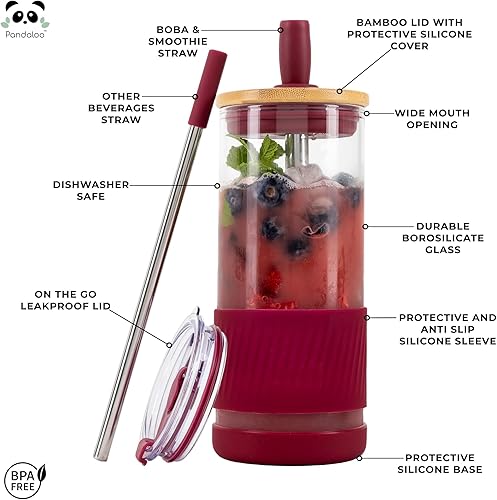 Miniatura 2 de Pandaloo Vasos de vidrio con tapas y pajitas, 20 onzas líquidas, taza de café helado, taza para batido con tapa de bambú y tapa sobre la marcha,