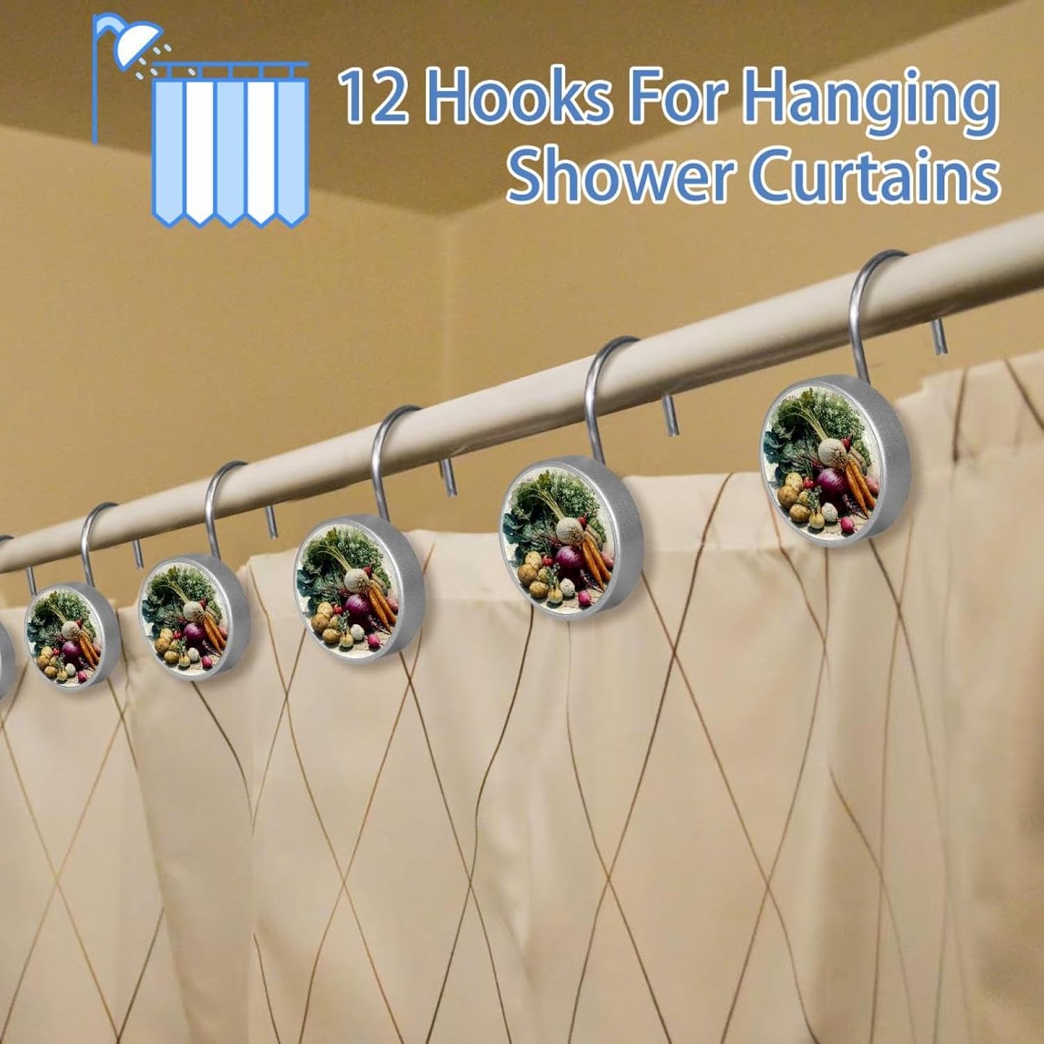 12PCS Farmers Watercolor Vegetables (3) Shower Curtain Hooks Metal Rust Resistant Decorative Shower Curtain Hooks Bathroom Decorations