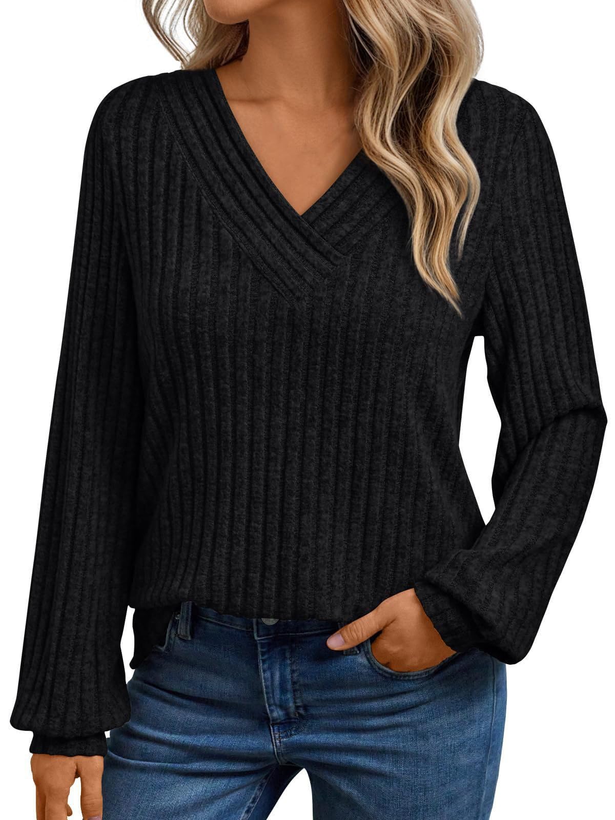 Womens Fashion V Neck Sweatshirts Long Sleeve Dressy Casual Shirts Fall Trendy Tunic Sweaters Work Blouse Tops