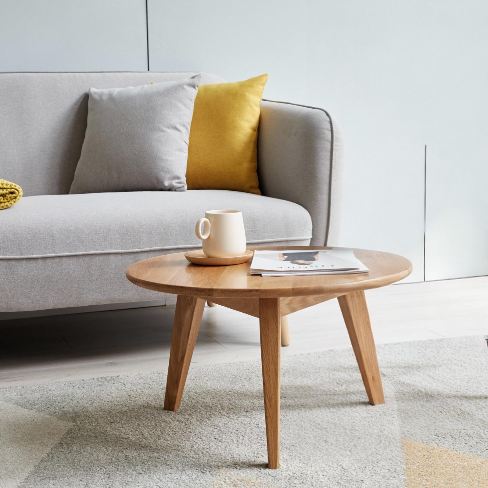100% solid oak wood mini coffee table, round cofffe tables side table w/solid wood legs, walnut mid century table for bedroom balcony living room (23.62" d x 13.78" h)