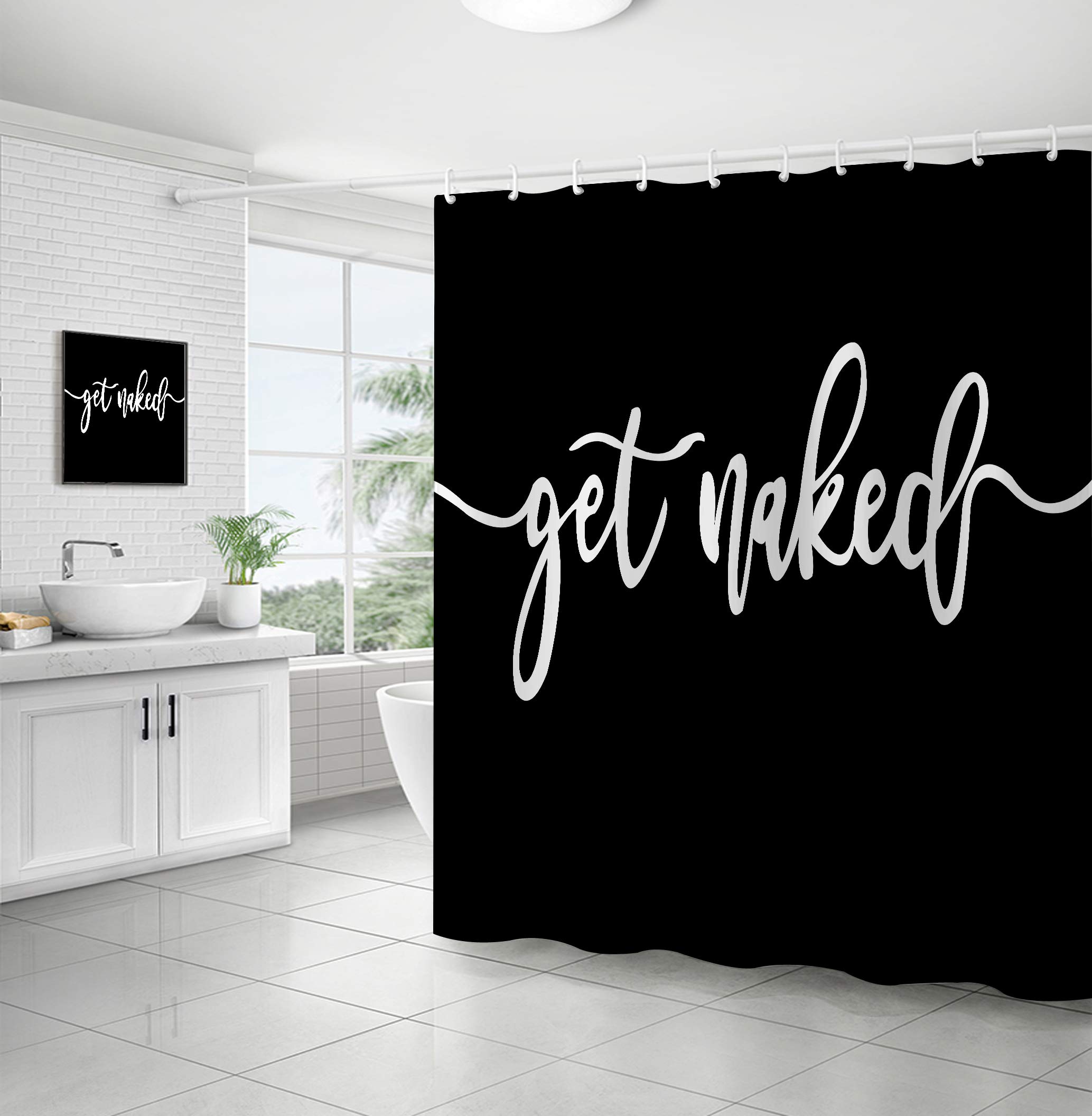 ElizaBath Trendy Shower Curtain White Waffle Funny Words Get Naked on Black Background Durable Waterproof Interesting Cute Bath Curtain with Hooks