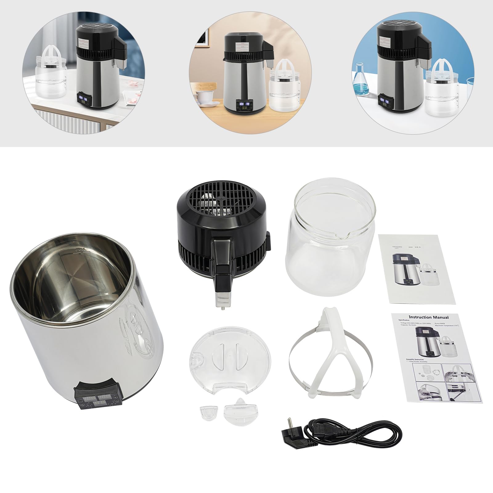 800W Máquina de tratamiento de agua, agua destilada, máquina de agua pura destilador de acero inoxidable con apagado automático, protección contra sobrecalentamiento, flujo de producción 37,2 oz/h