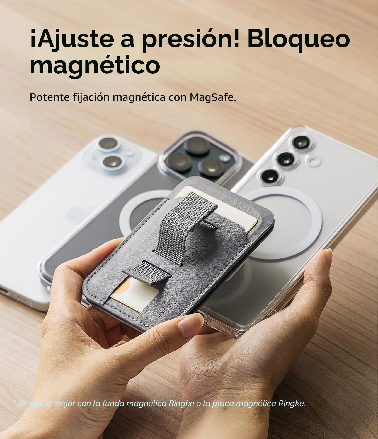 Ringke Stand Grip Wallet Magnetic [Cabe 3 Tarjetas] Tarjetero Movil Compatible con MagSafe, Utiliza de Soporte, Correa para el Dedo Soporte Movil con Imán Muy Fuerte - Light Gray