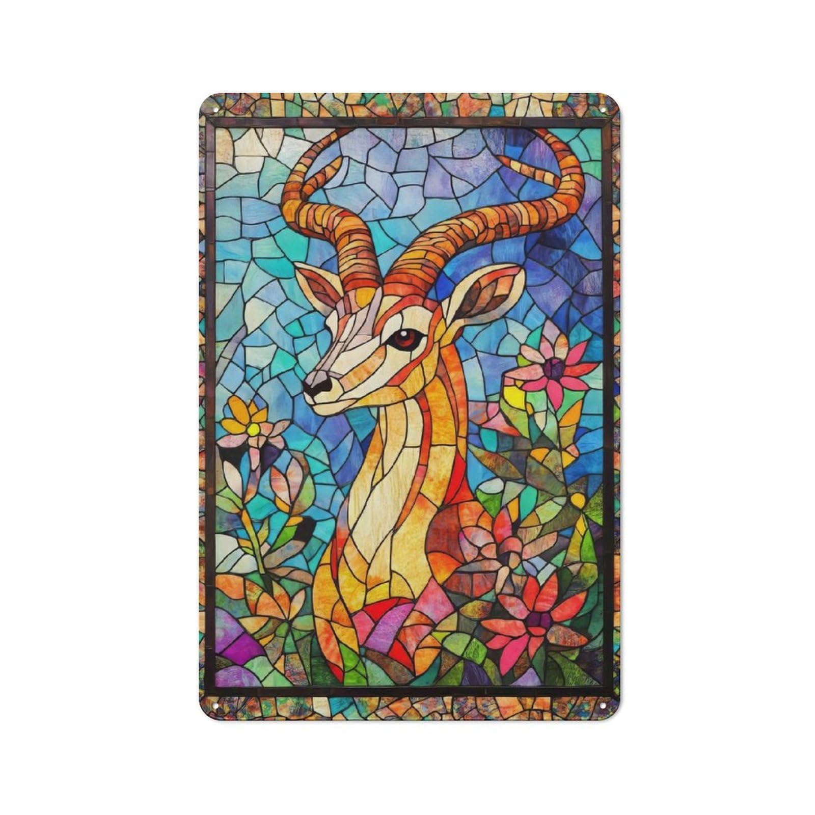 Junmoney Stained Glass Deer For Studio Or Craft Room, Retro-Style Tin Sign 30X20cm, For Metal Sign Collectors, For Garage And Workshop Walls