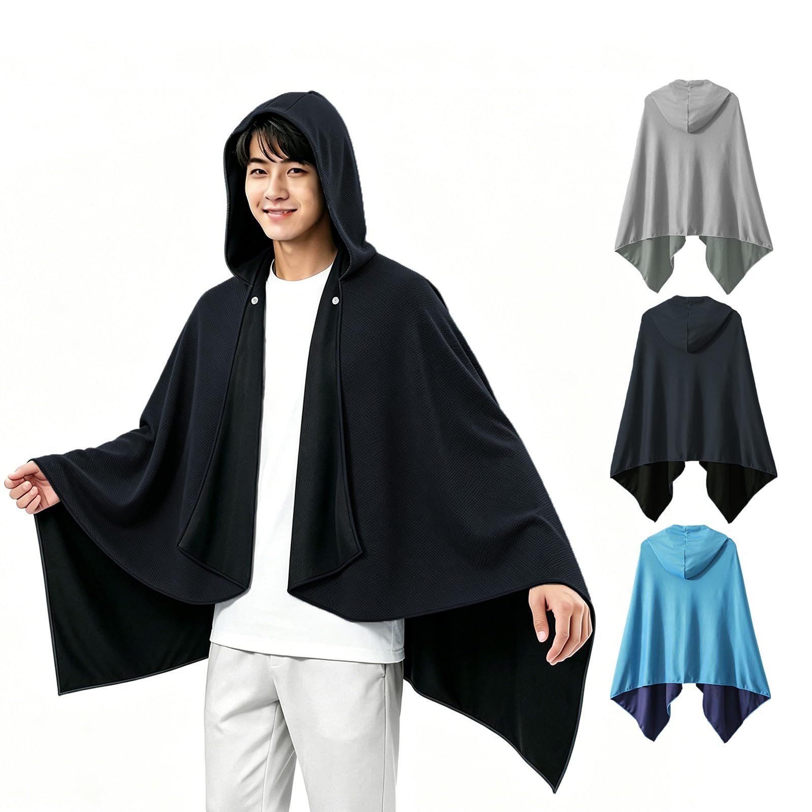 ZVCXOE 冷感ポンチョ 冷却タオル【160×80cm大判 肌温度-15℃】付き 冷却 グッズ 冷却 アイス ぽんちょ れいかん たおる あいす ふりふり 冷える ひんやり クール 冷感素材 クーラー フード 涼しい 濡らす UVカット 熱中症対策 暑さ対策 日除け 夏用 サッカー ランニング スポーツジュニアキッズ 大きい メンズ 大人 子供 ブラック 1 パック
