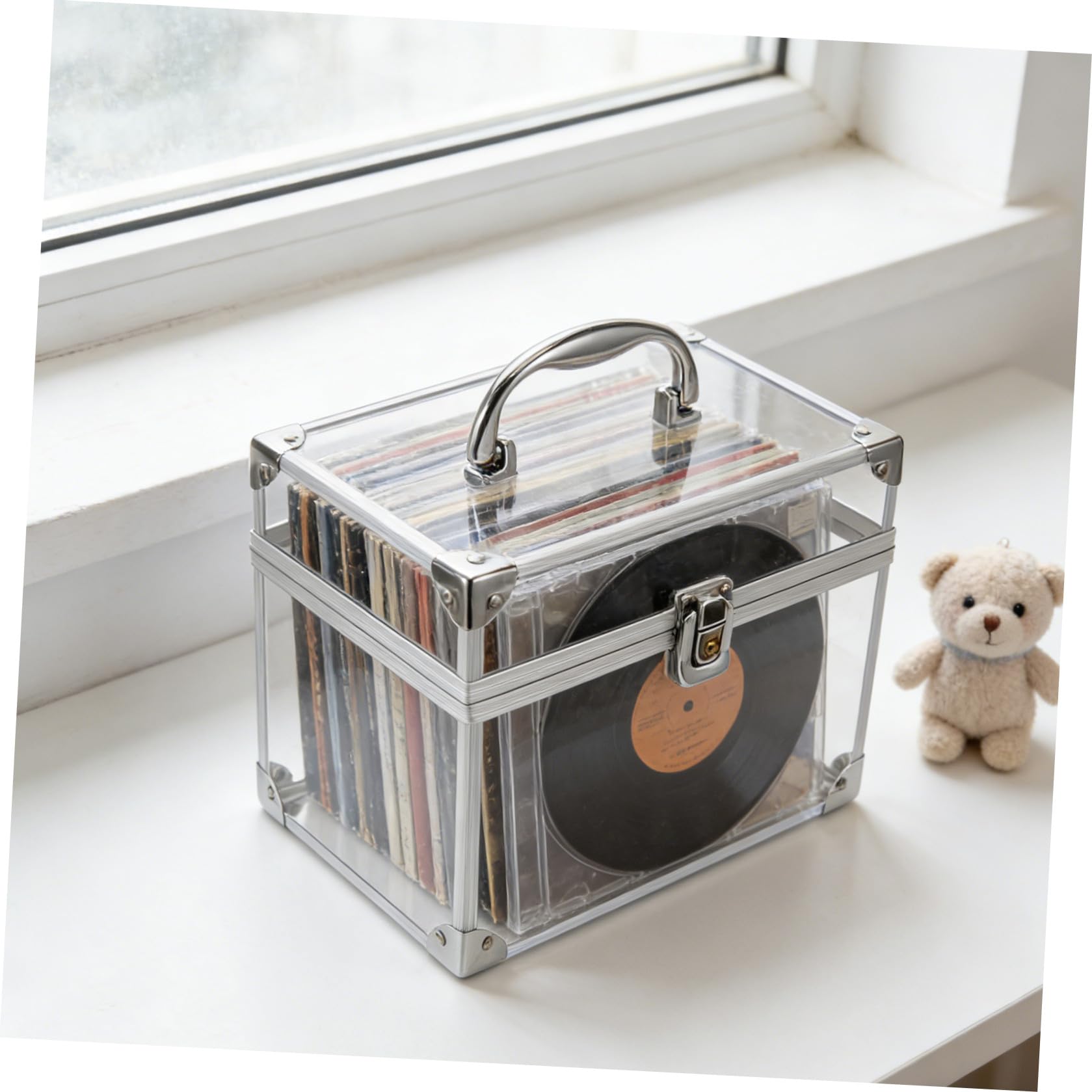 Toyvian Scatola Portadischi in Acrilico Trasparente Manico in Metallo, Organizer Portatile Multifunzione per Vinili e Dvd, per Feste e Studio