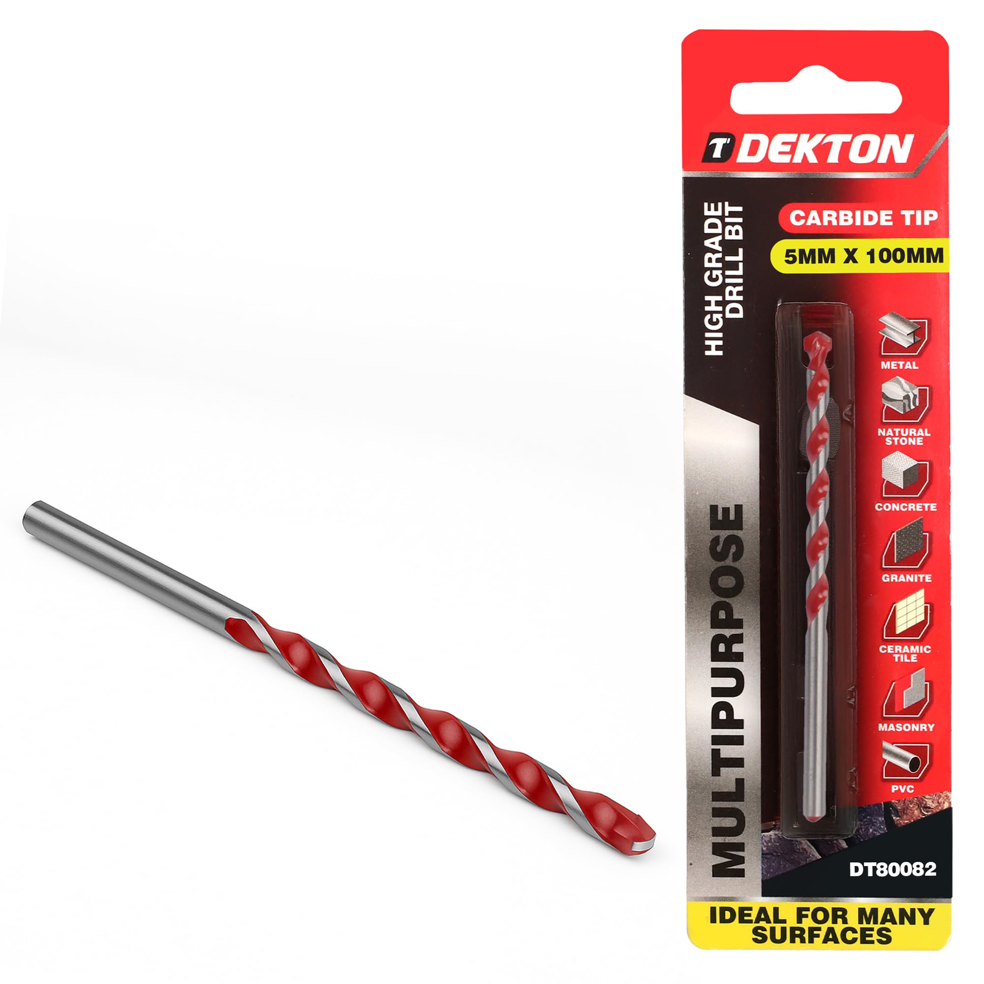 Dekton Multi-Purpose Masonry Drill Bit 5mm x 100mm, High Grade Carbide Tip for Drilling Metal, Natural Stone, Concrete, Granite, Ceramic Tile, Masonry & Plastic