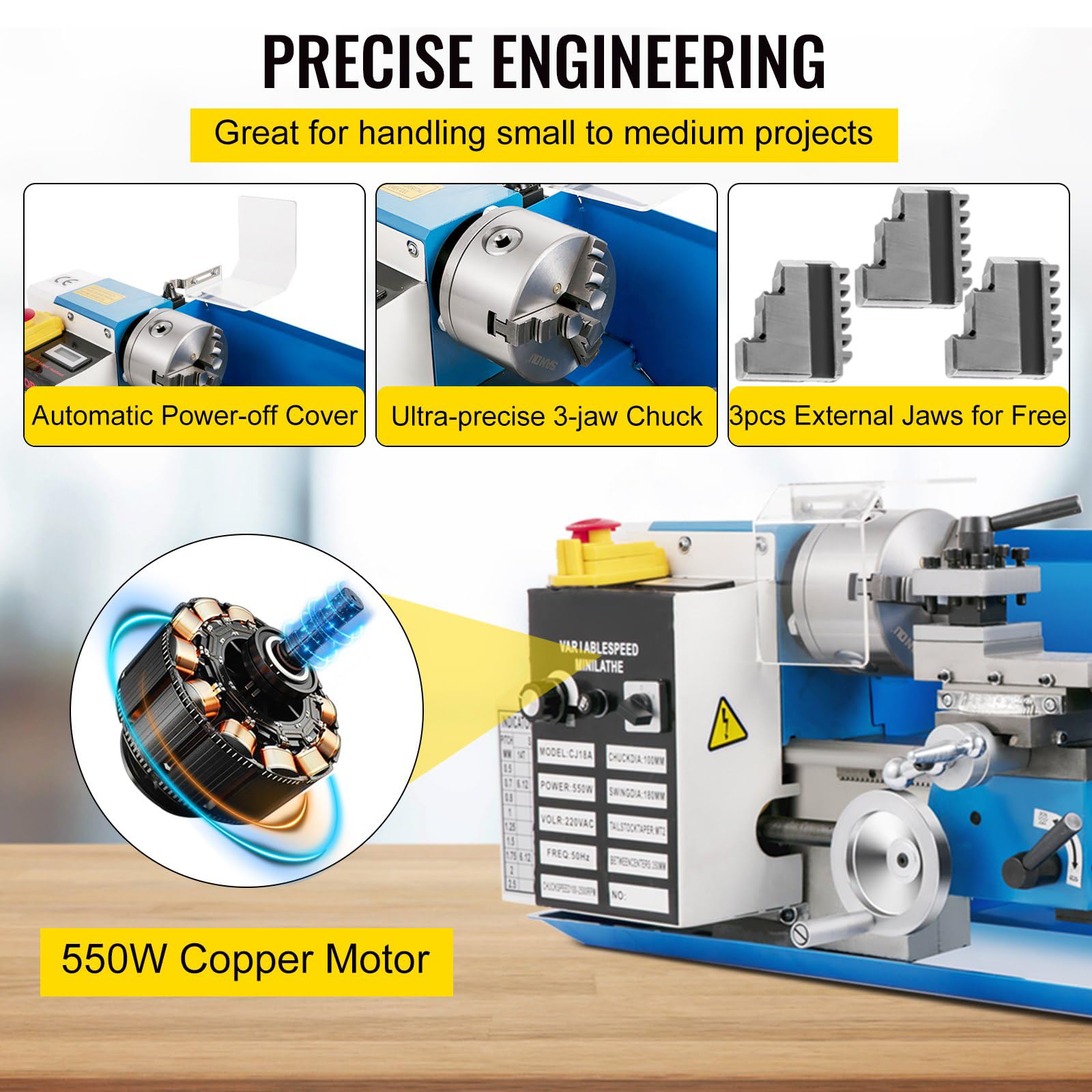 550W Mini Torno Paralelo de Metal 180x350mm de Alta Precisión con Portabrocas de 3 Mordazas y Velocidad de Husillo 50-2500 rpm para Roscado, Torneado y Taladrado (Engrane Metálico)