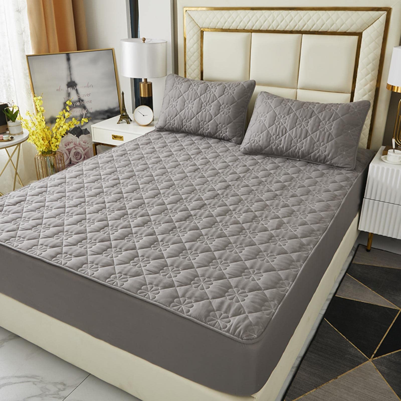 Extra Deep Pocket Fitted Sheet|Soft Breathable Bed Sheet|Non-Slip Non Pilling Protective Cover for Bed Mattress|Warmth Cotton Bedding Sheet|18”-24” Quilted Fitted Sheet (Gray, Queen)