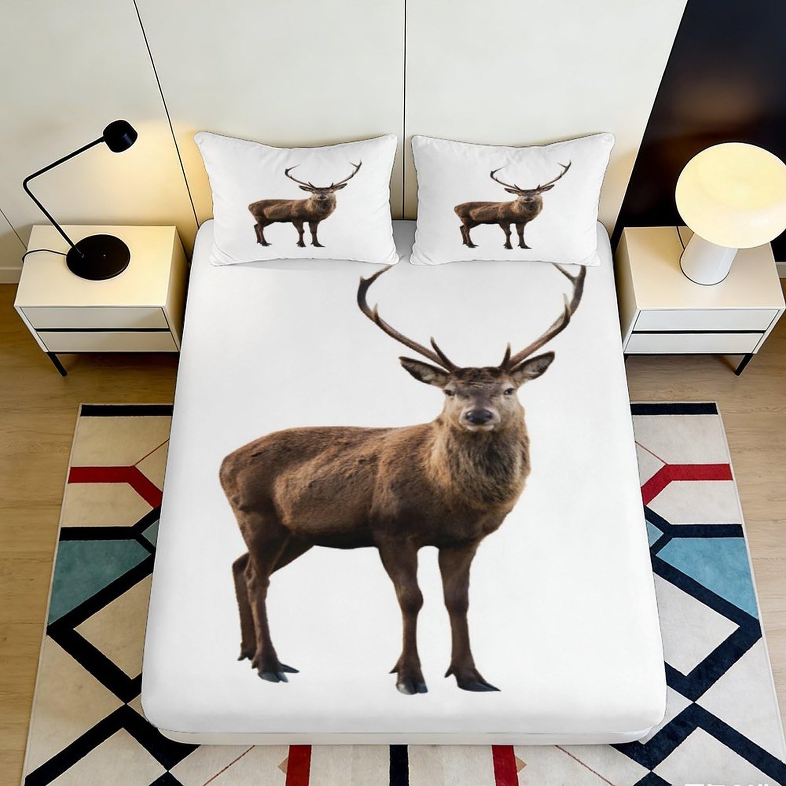 3D Printed Deer Antler Fitted Sheet Microfiber Soft Brown Stag Mattress Cover for Bedroom Guest Room Decor 200x200x25cm