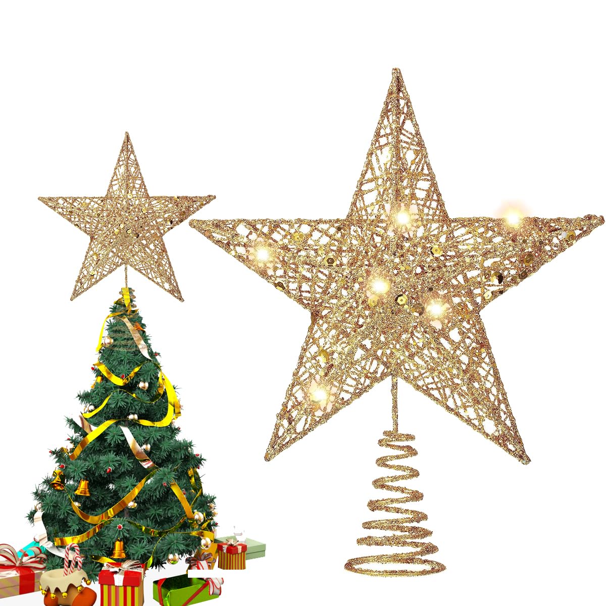 Estrella Brillante para el árbol, Estrella Dorada para el árbol de Navidad, Estrellas Brillantes para el árbol, Árbol de Navidad Estrella, para la decoración del árbol de Navidad, Oro