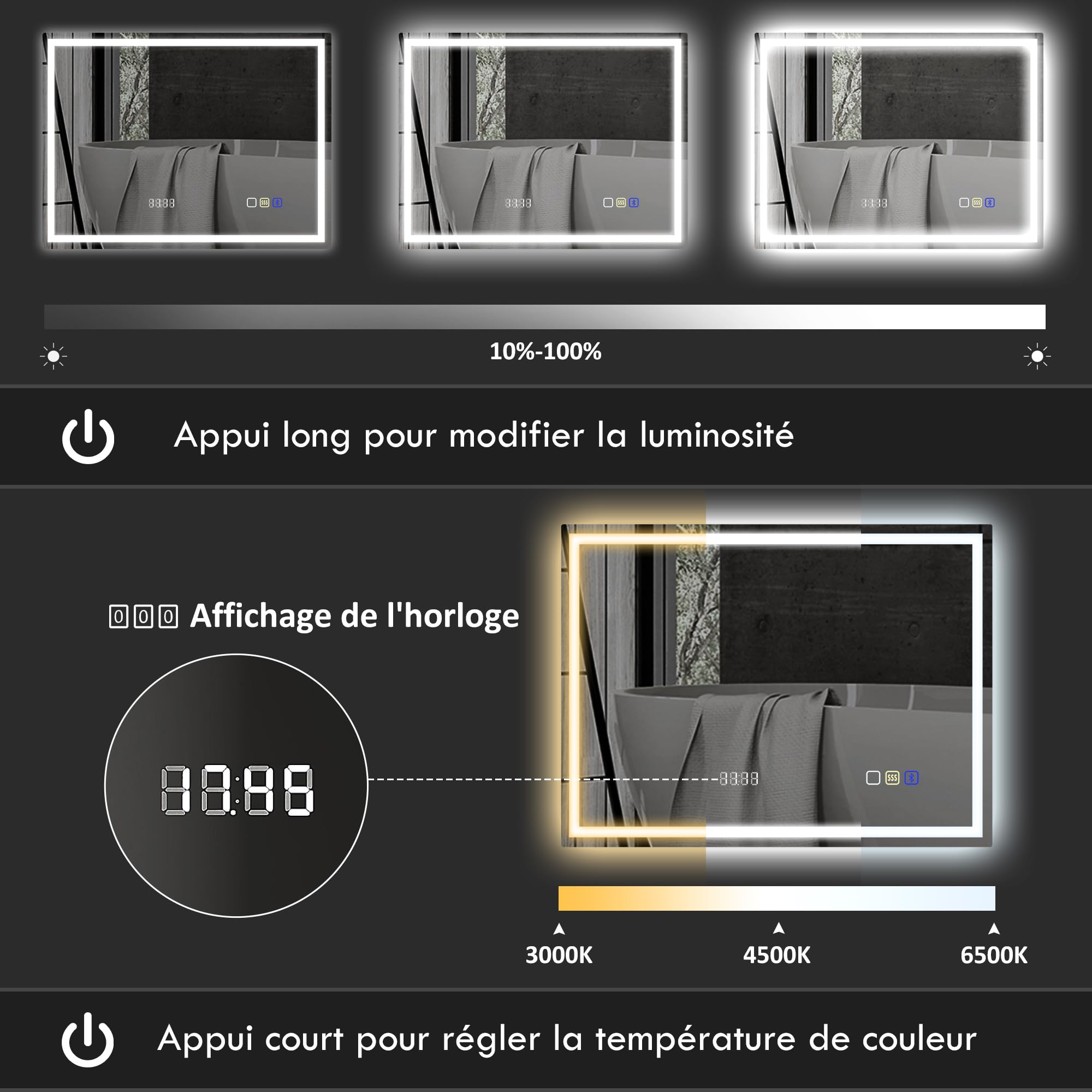 HOMCOM Miroir Salle de Bain Bluetooth avec éclairage LED 80 x 100 cm, Miroir Lumineux Salle de Bain Mural avec Interrupteur Tactile, lumière réglable 3 Couleurs, Anti-buée, mémoire - Argent