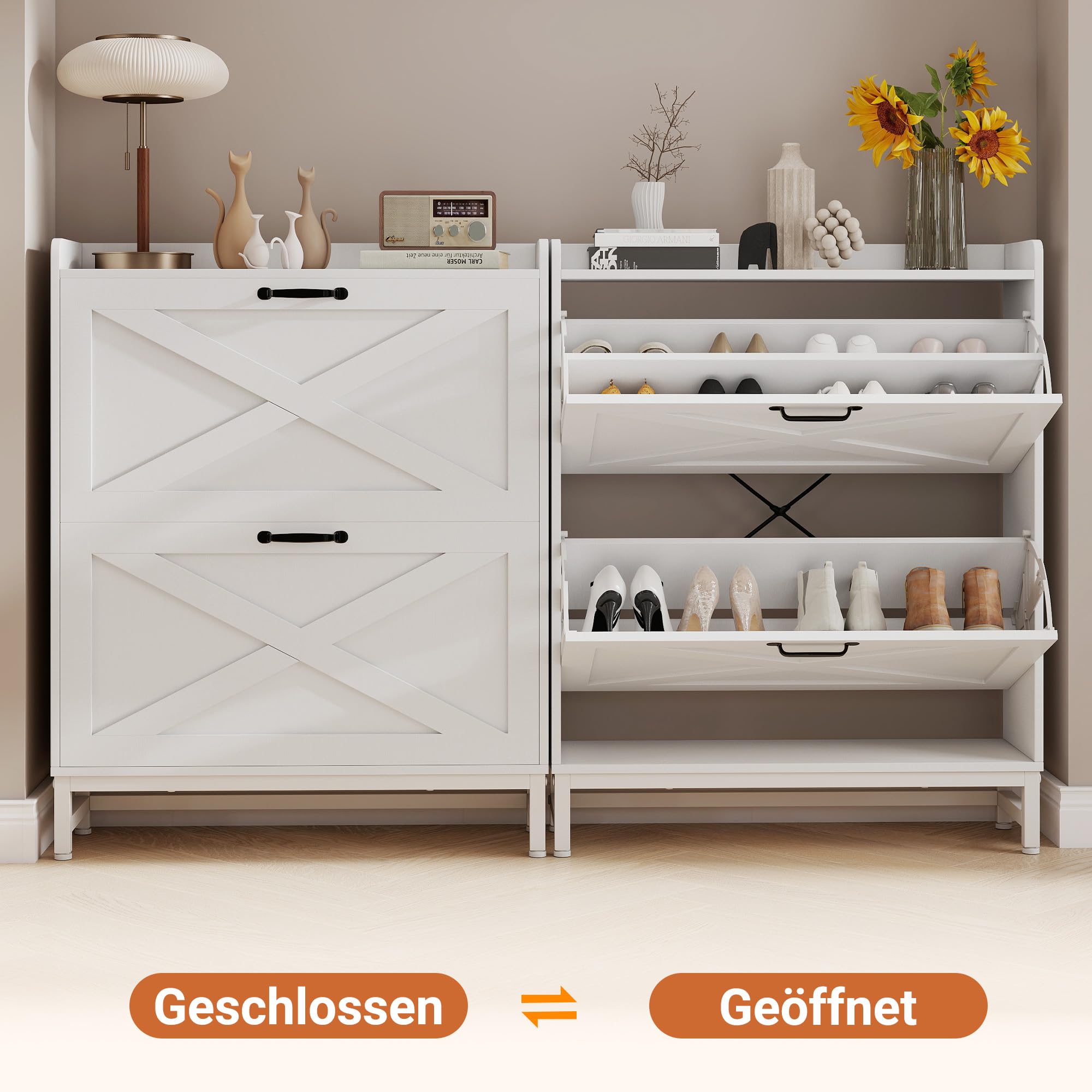 Hawthyhome Schuhschrank schmal 2 Fächer, Schuhkipper für 12-16 Paar Schuhe, Platzsparender Schuhschrank Holz mit Metallbeinen & Kippschutz, Flur & Eingangsbereich, 80x24x100 cm, Weiß