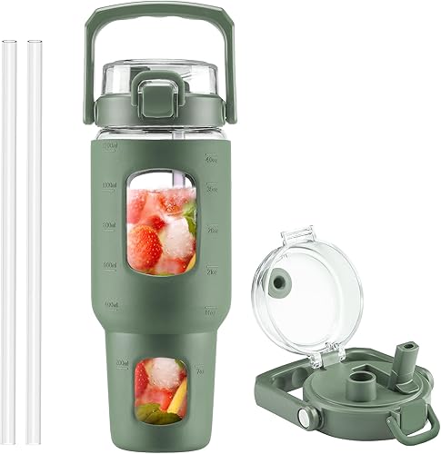 Miniatura 30 de BLUEGO Botella de agua de vidrio de 32 onzas con asa y pajita Botella de vidrio deportiva a prueba de fugas con marcador de tiempo y funda de Oliva